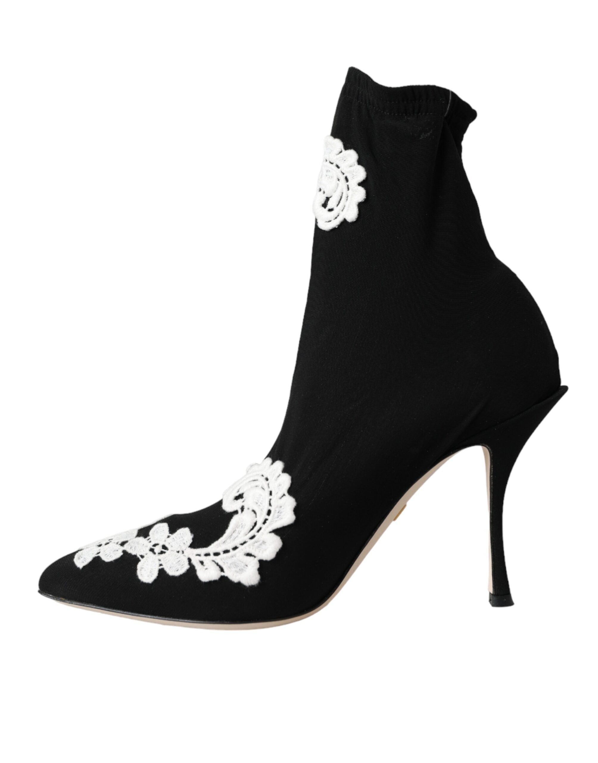 Black White Embroidery Slip On Boots Shoes - ventzia