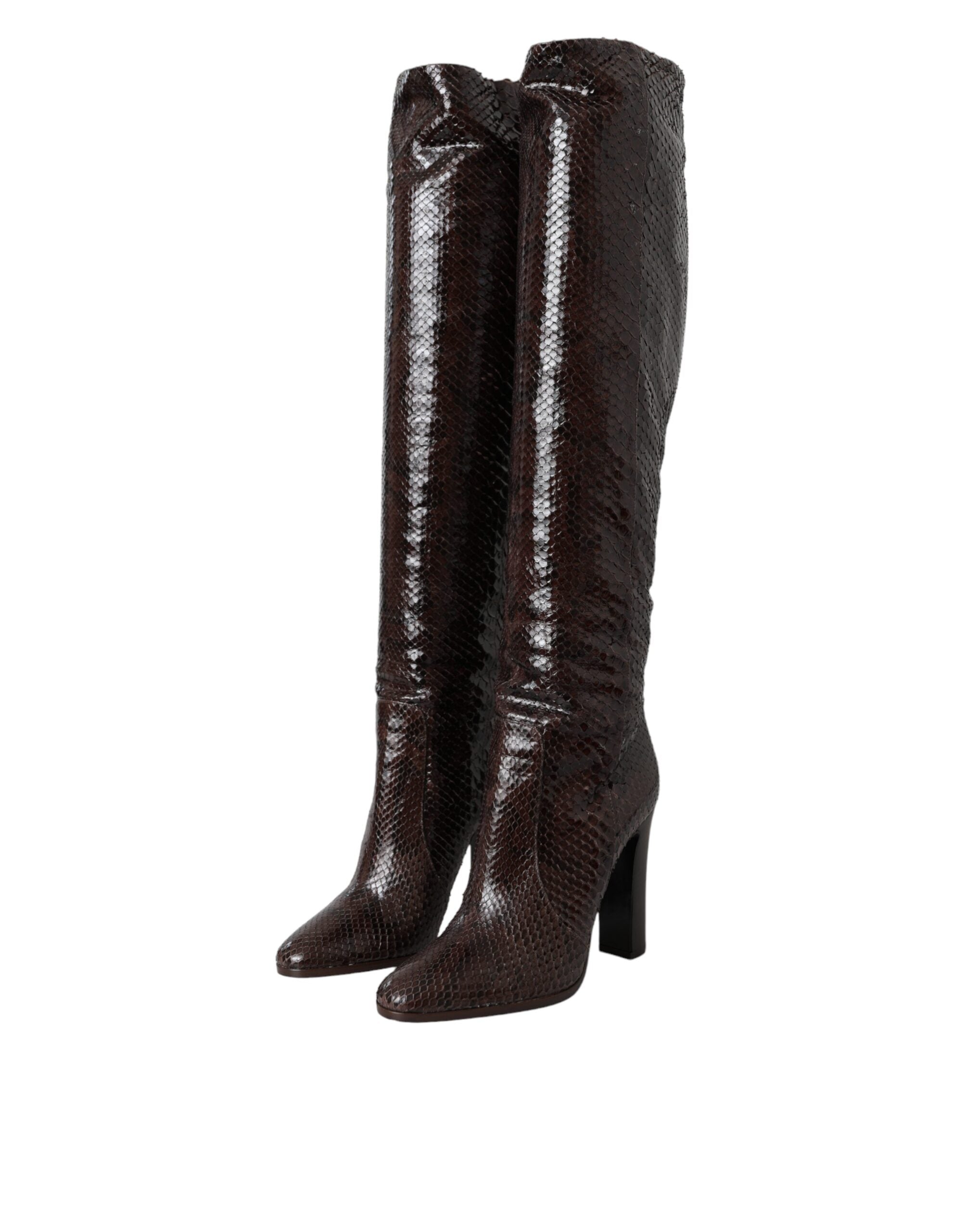 Brown Exotic Leather Heels High Boots Shoes - ventzia