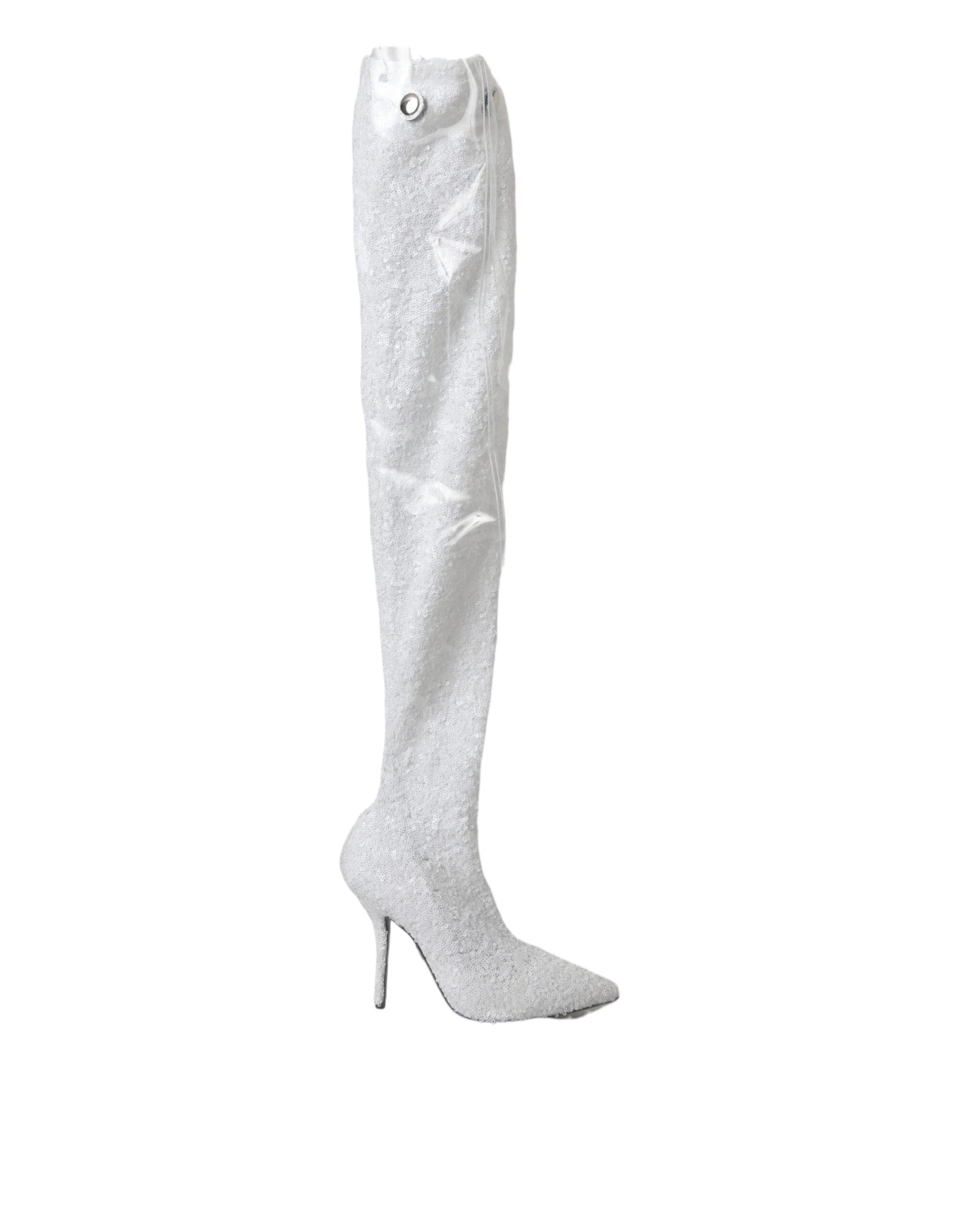 White Heels Stiletto Knee High Boots Shoes - ventzia