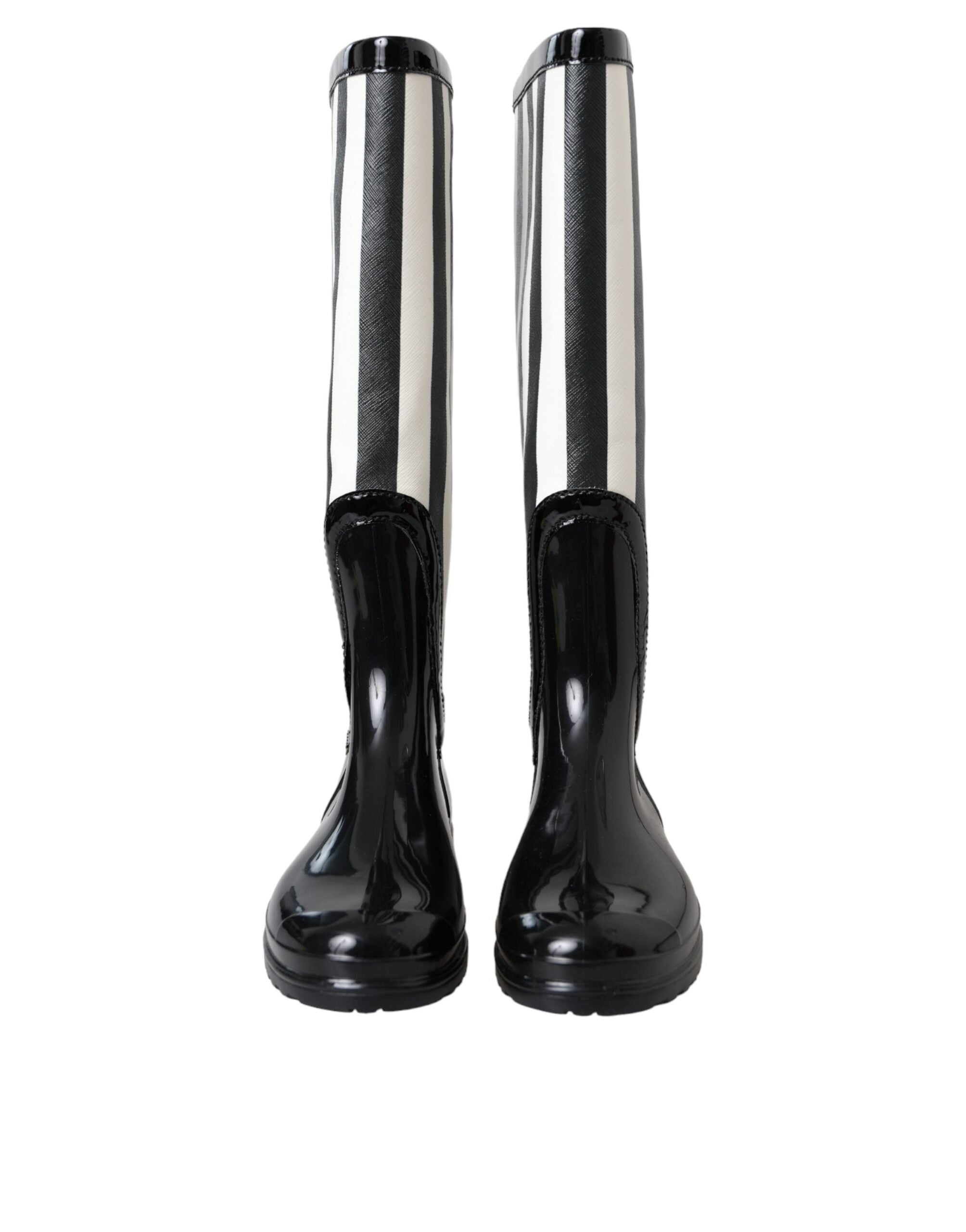 Black Rubber Knee High Flat Boots Shoes - ventzia