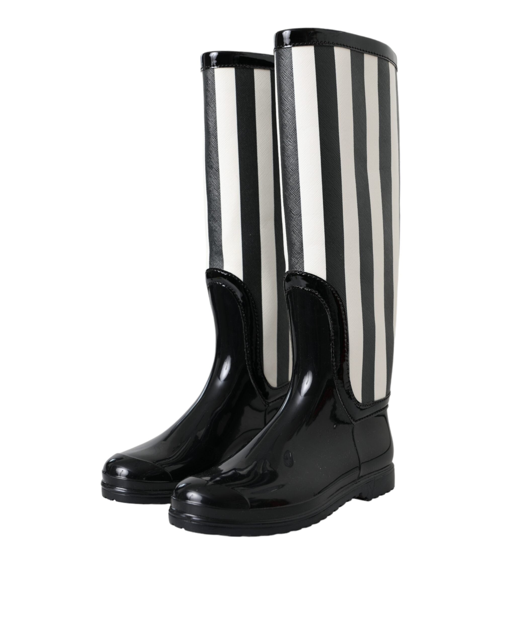 Black Rubber Knee High Flat Boots Shoes - ventzia