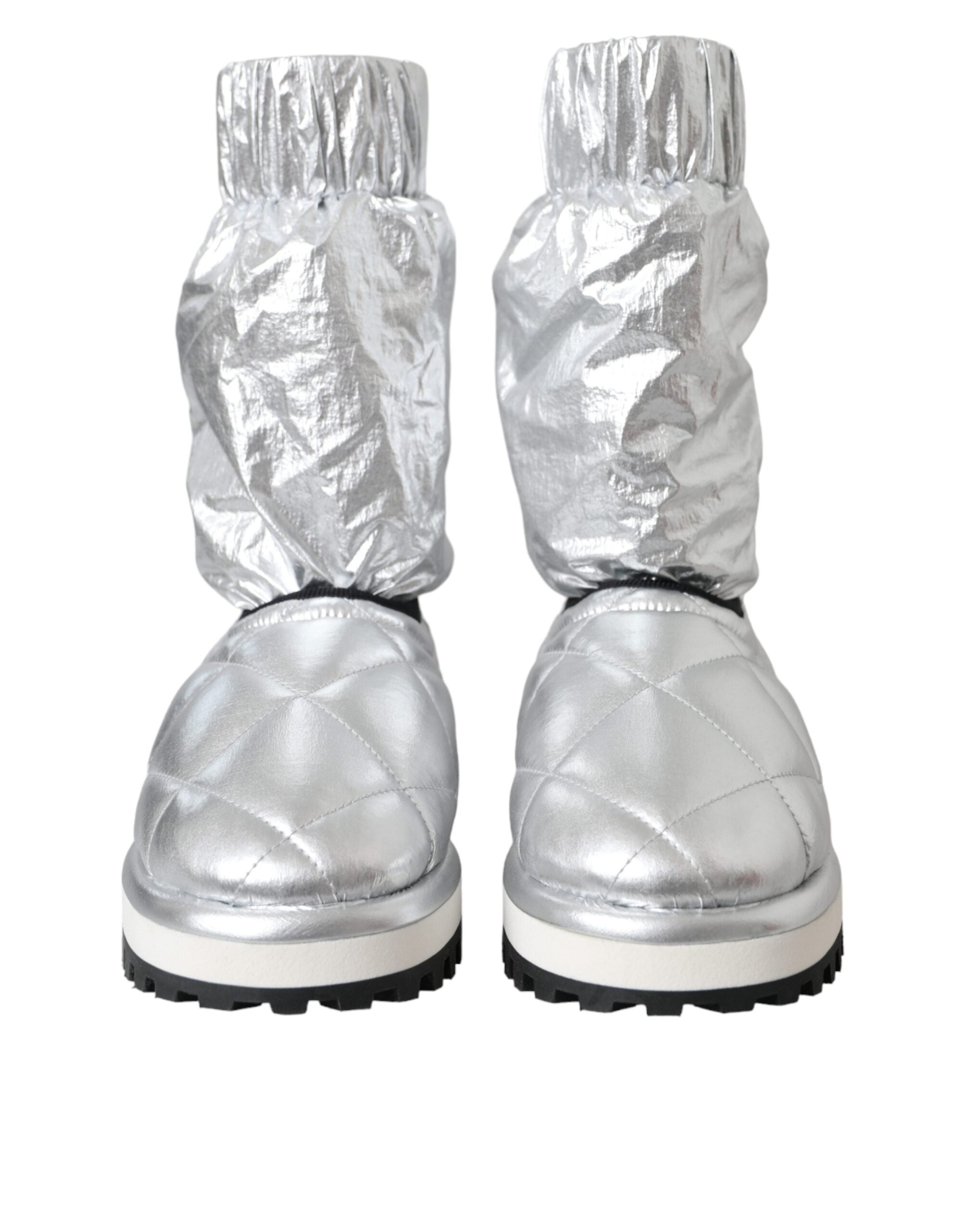 Metallic Silver Quilted Logo Patch Boot Shoes - ventzia