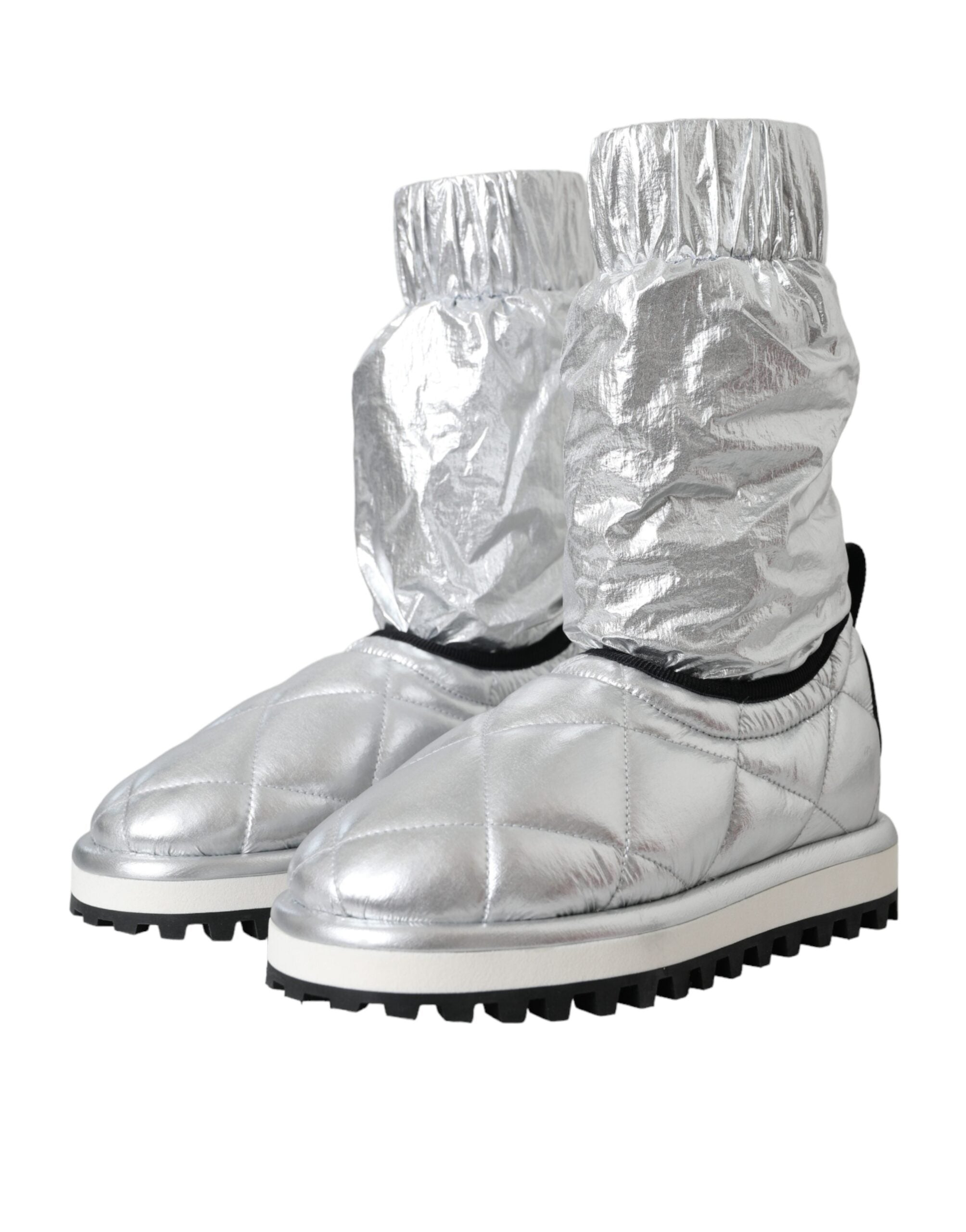 Metallic Silver Quilted Logo Patch Boot Shoes - ventzia