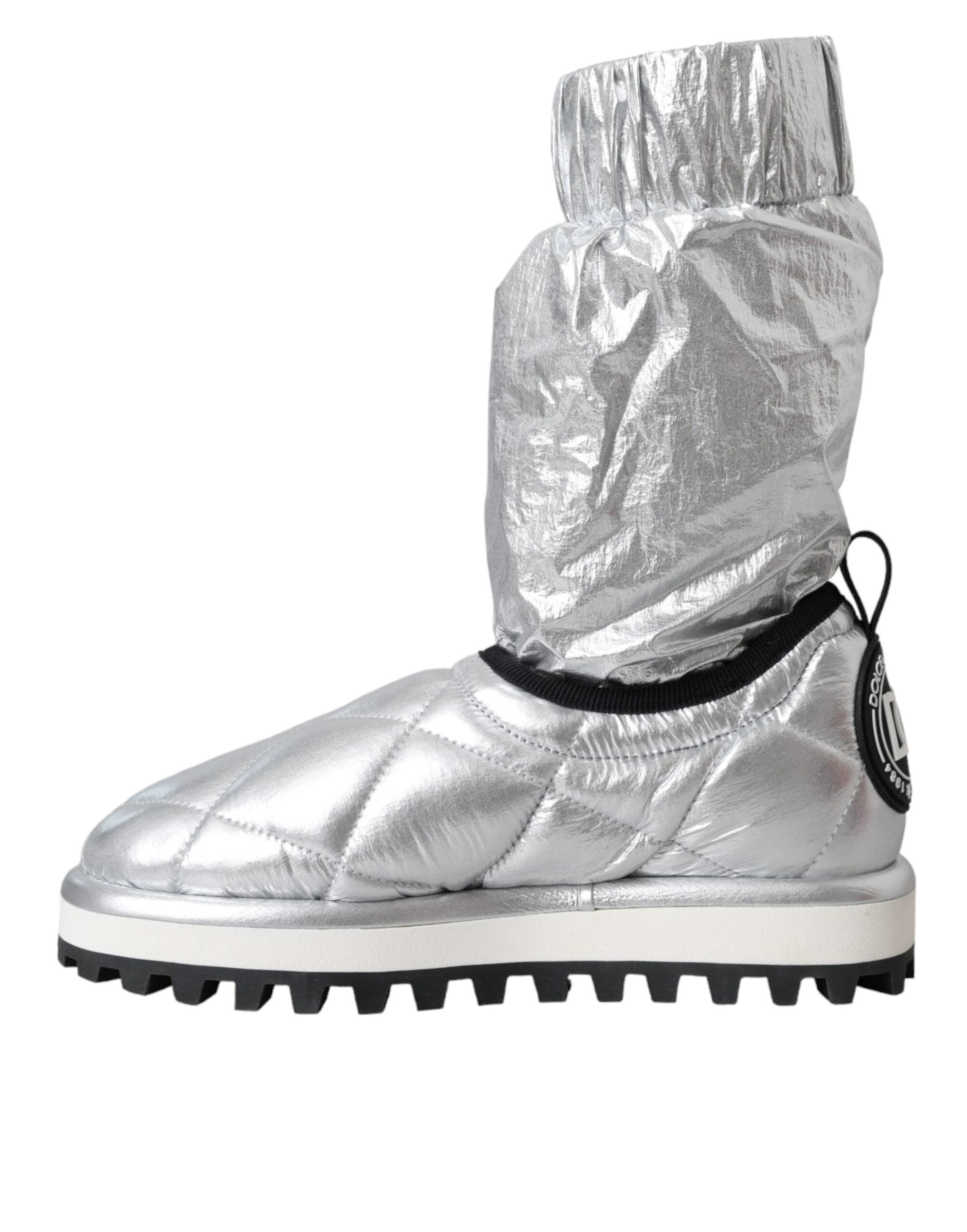 Metallic Silver Quilted Logo Patch Boot Shoes - ventzia