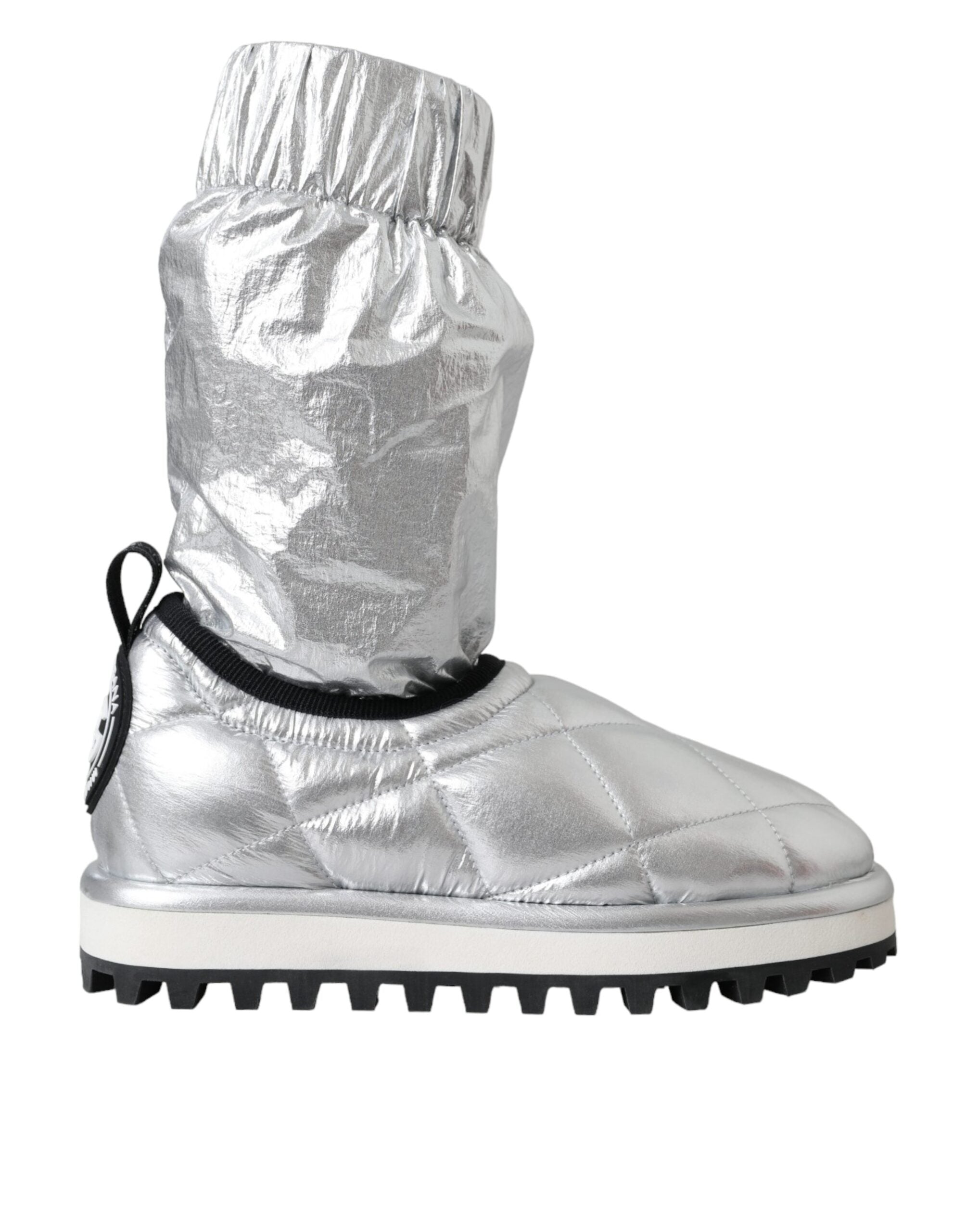 Metallic Silver Quilted Logo Patch Boot Shoes - ventzia