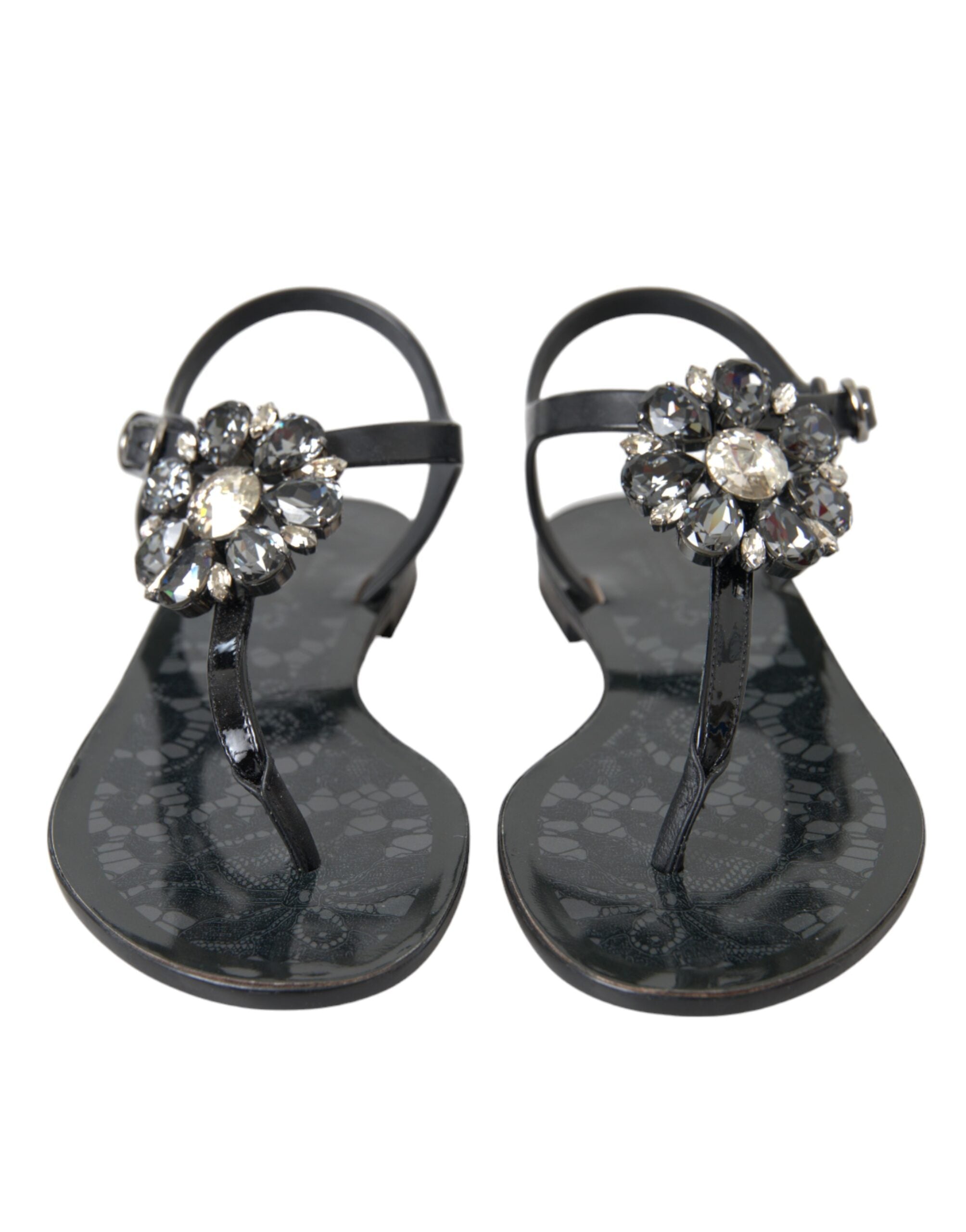 Black Crystal Flats Sandals Flip Flops Shoes - ventzia