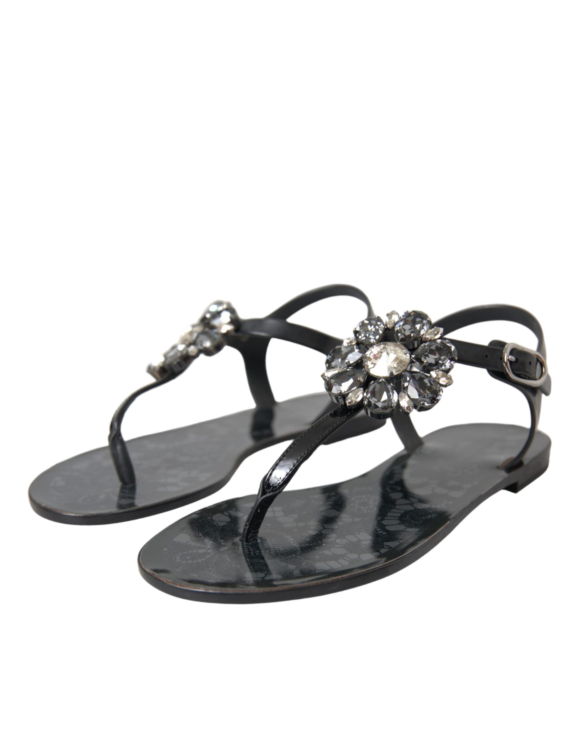Black Crystal Flats Sandals Flip Flops Shoes - ventzia