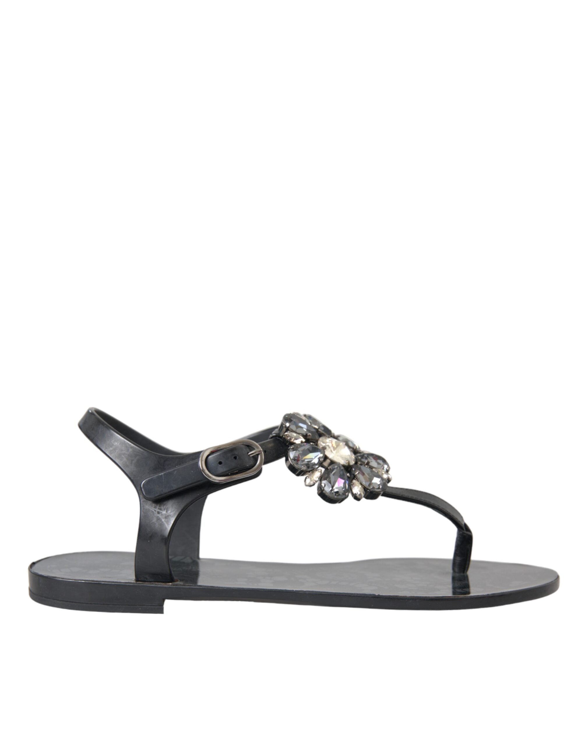 Black Crystal Flats Sandals Flip Flops Shoes - ventzia