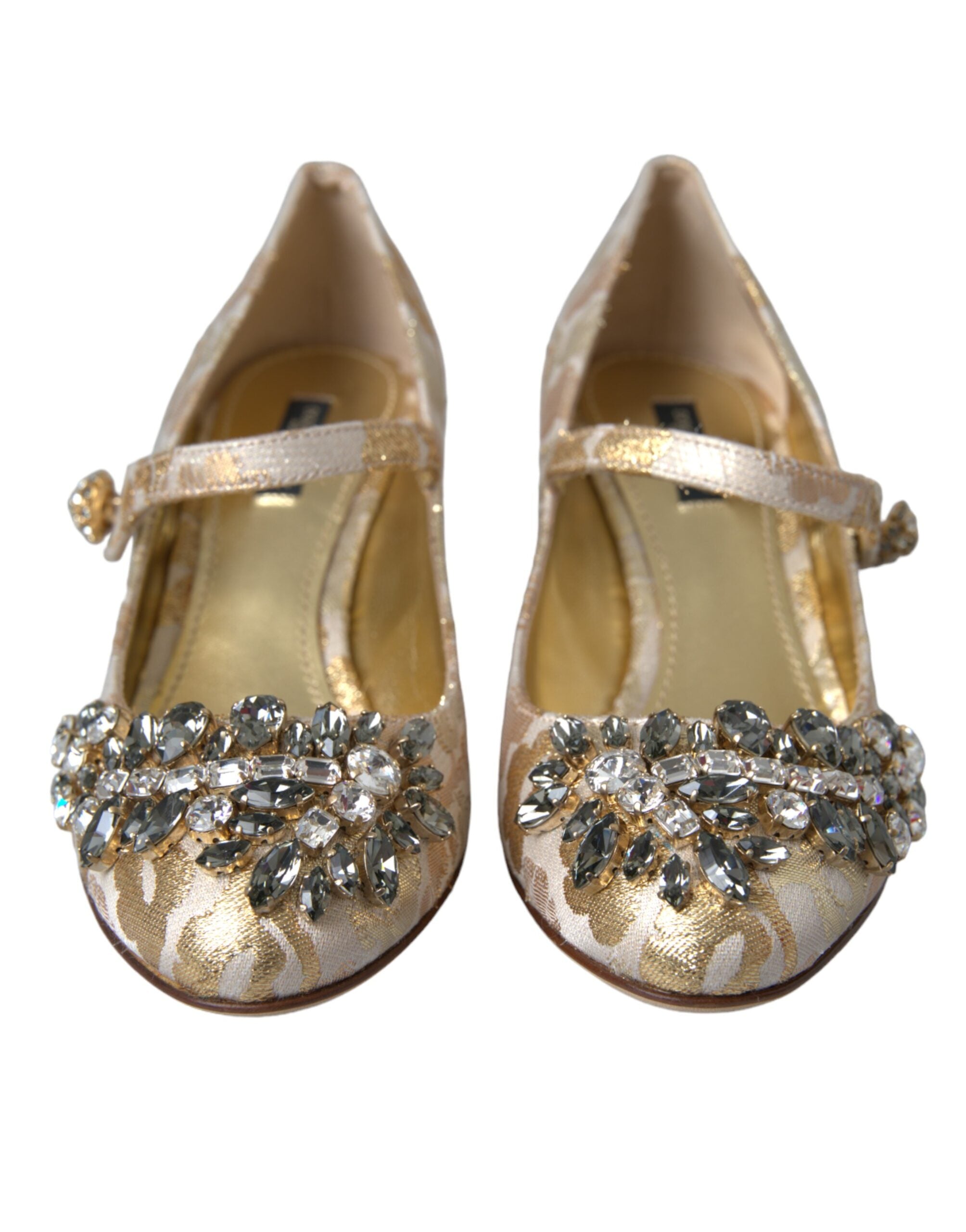 Gold Jacquard Crystal Mary Janes Pumps Shoes - ventzia