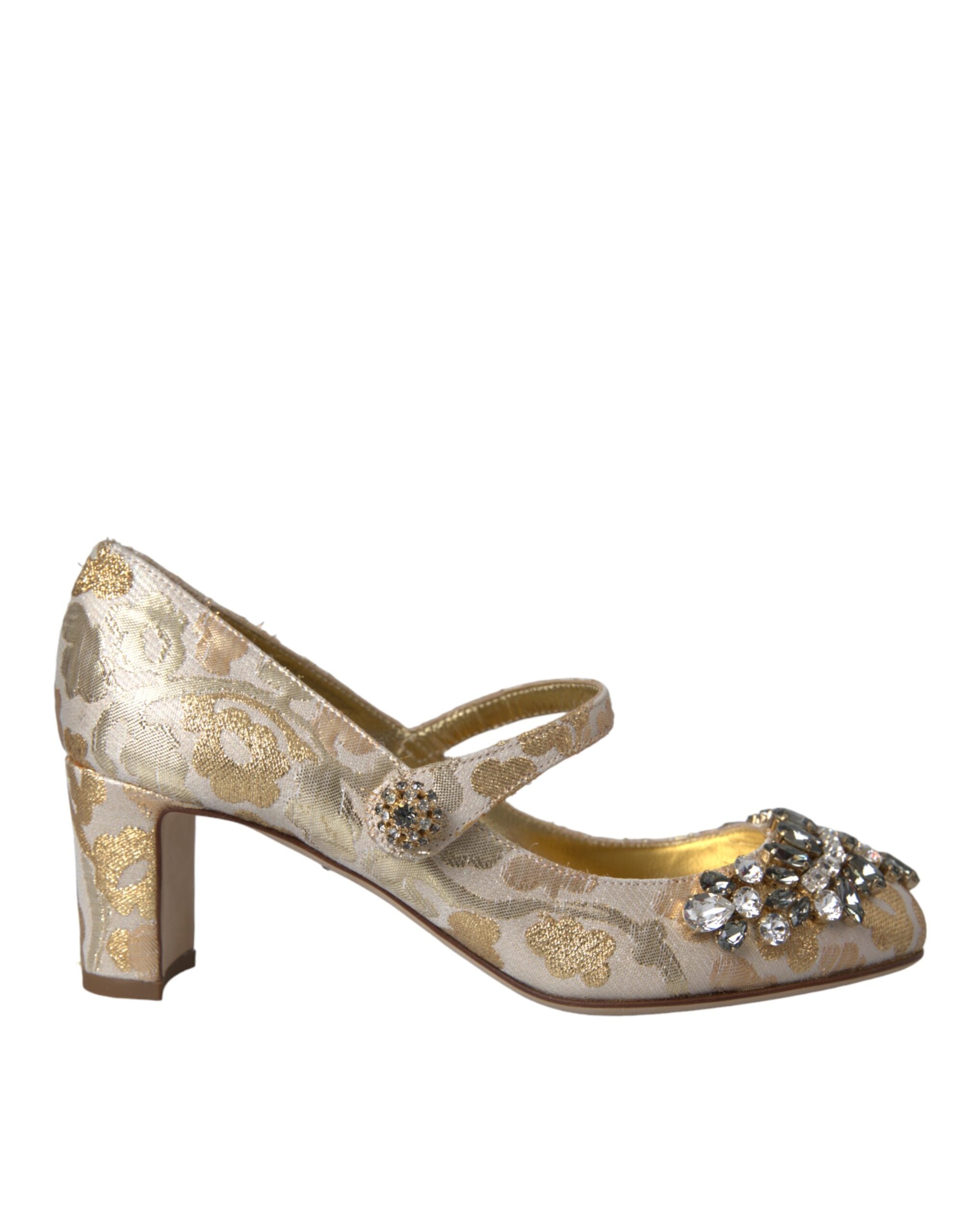 Gold Jacquard Crystal Mary Janes Pumps Shoes - ventzia