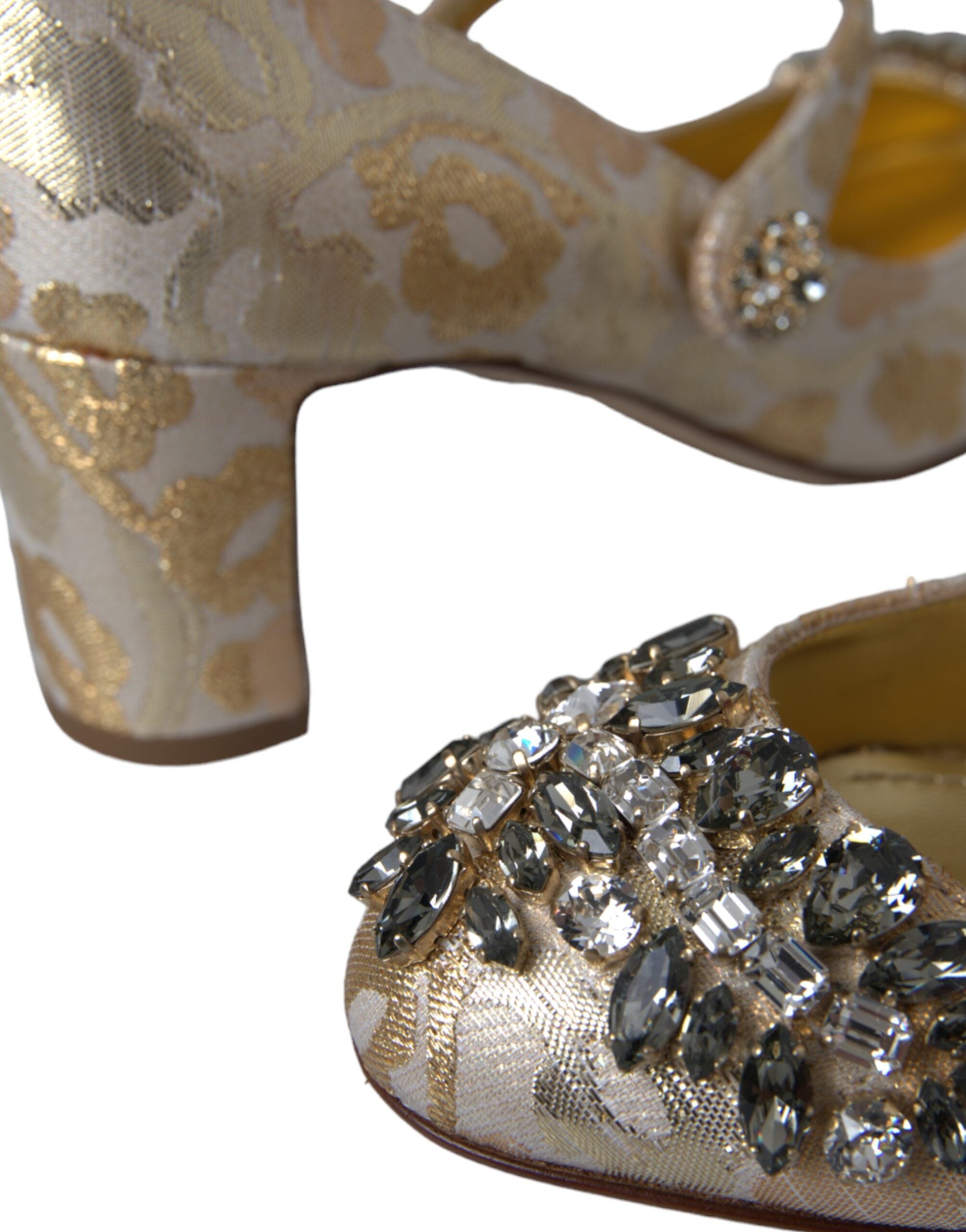 Gold Jacquard Crystal Mary Janes Pumps Shoes - ventzia