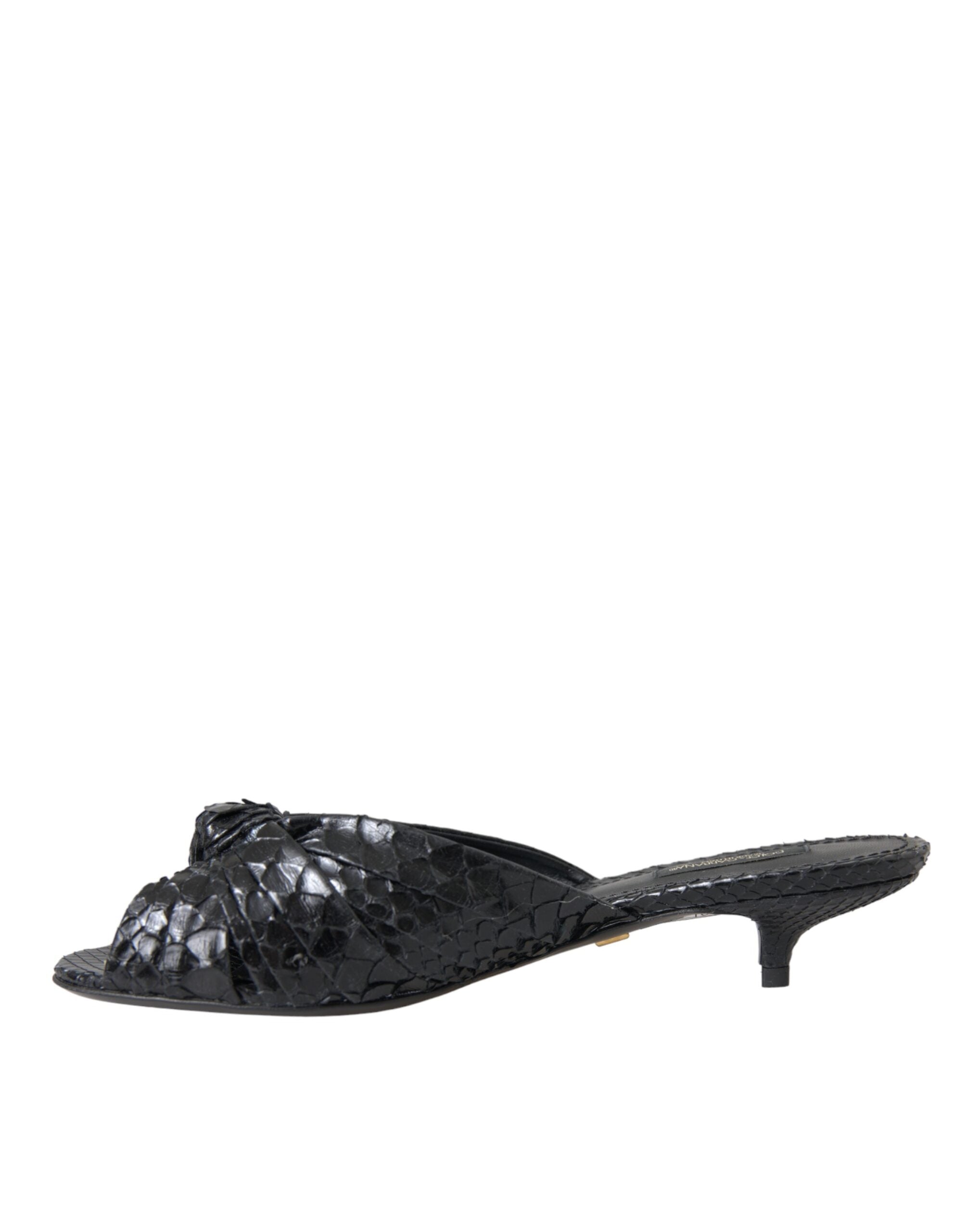 Black Exotic Leather Heels Slides Shoes - ventzia