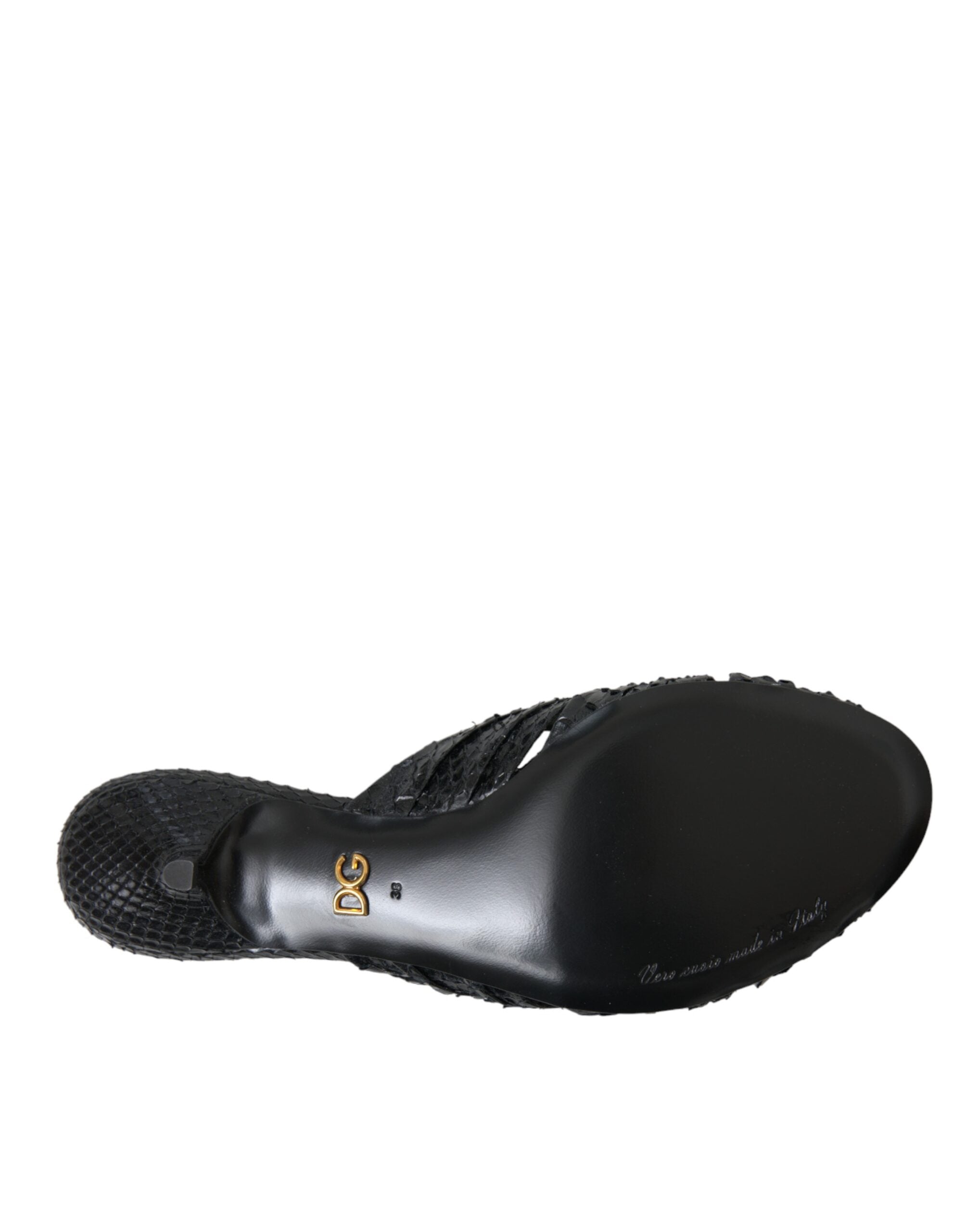 Black Exotic Leather Heels Slides Shoes - ventzia