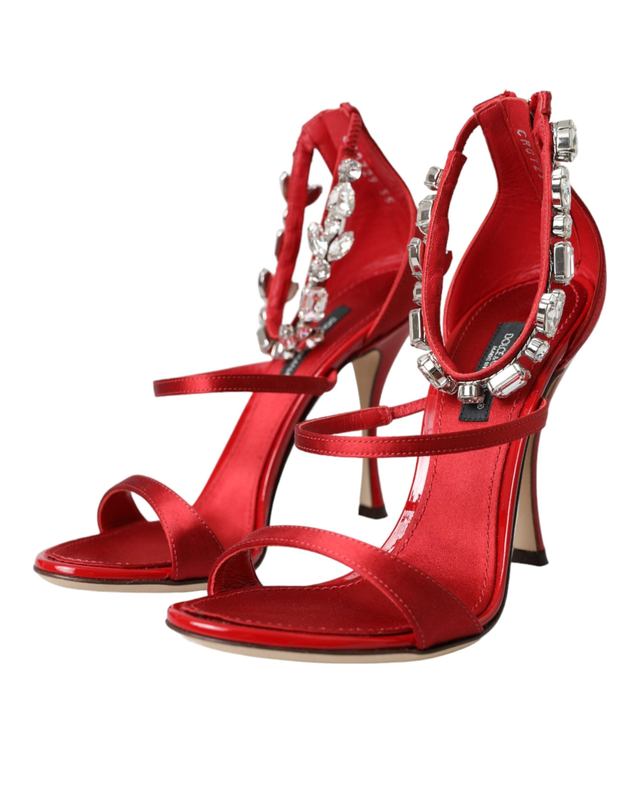 Red Keira Satin Crystals Sandals Heels Shoes - ventzia