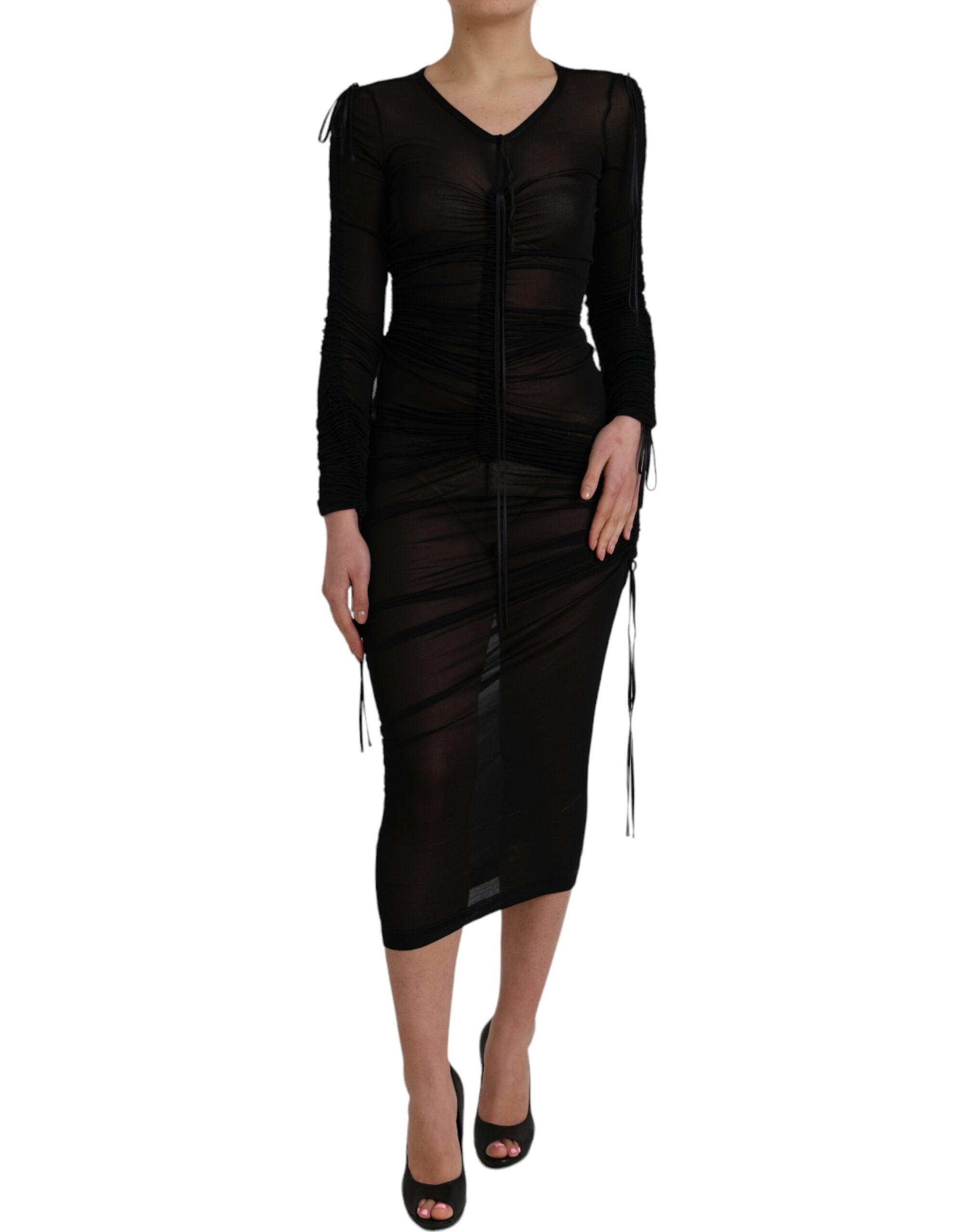 Black Sheer Bodycon Sheath Midi Dress - ventzia