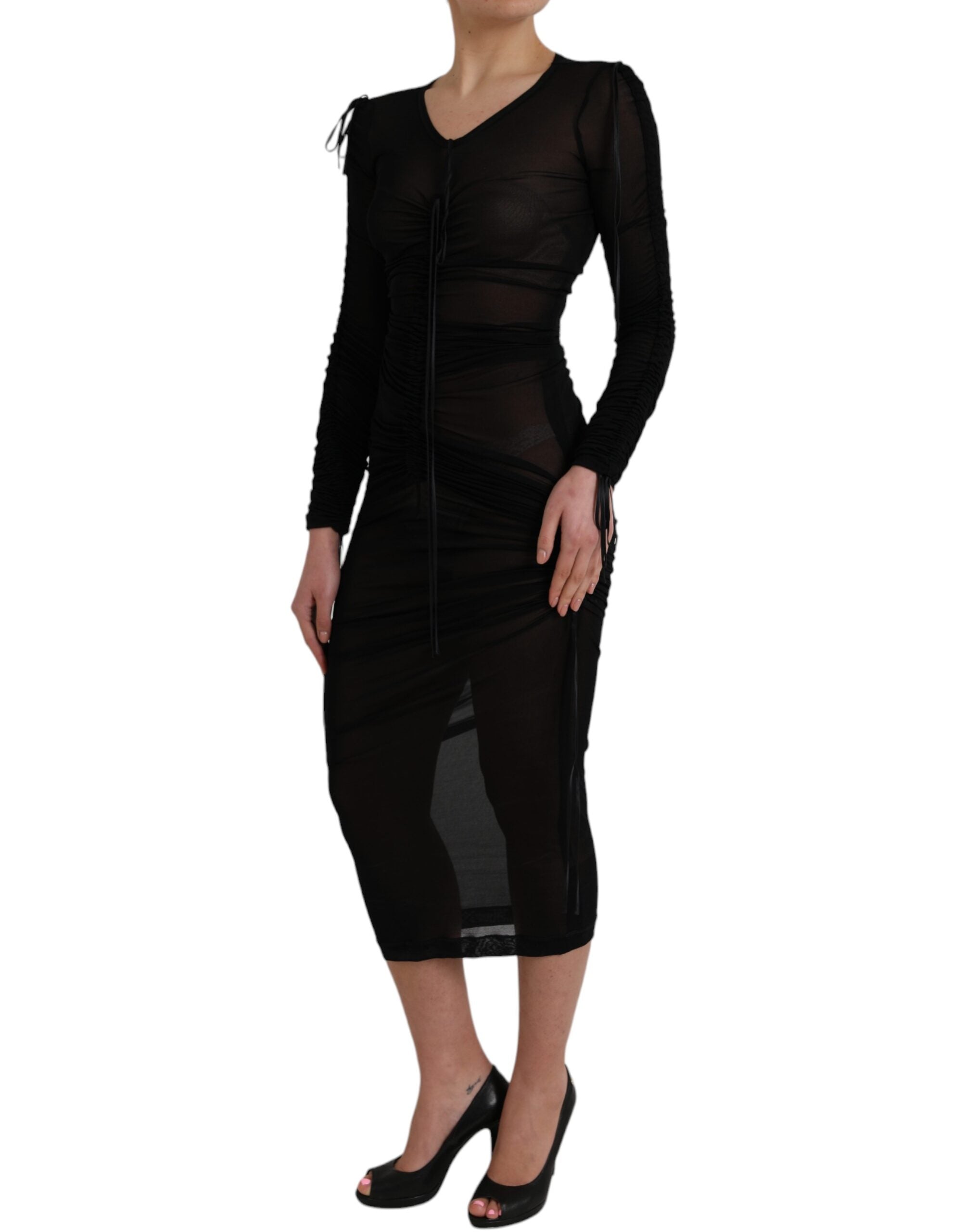 Black Sheer Bodycon Sheath Midi Dress - ventzia