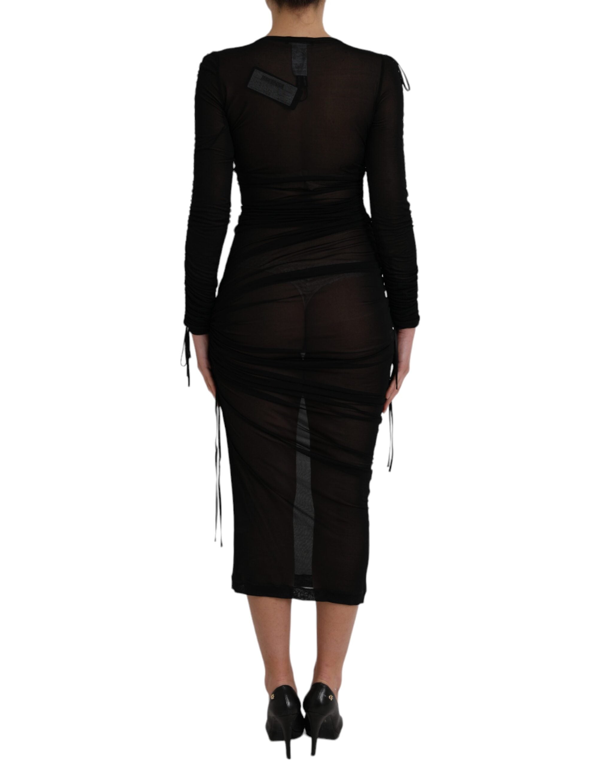 Black Sheer Bodycon Sheath Midi Dress - ventzia