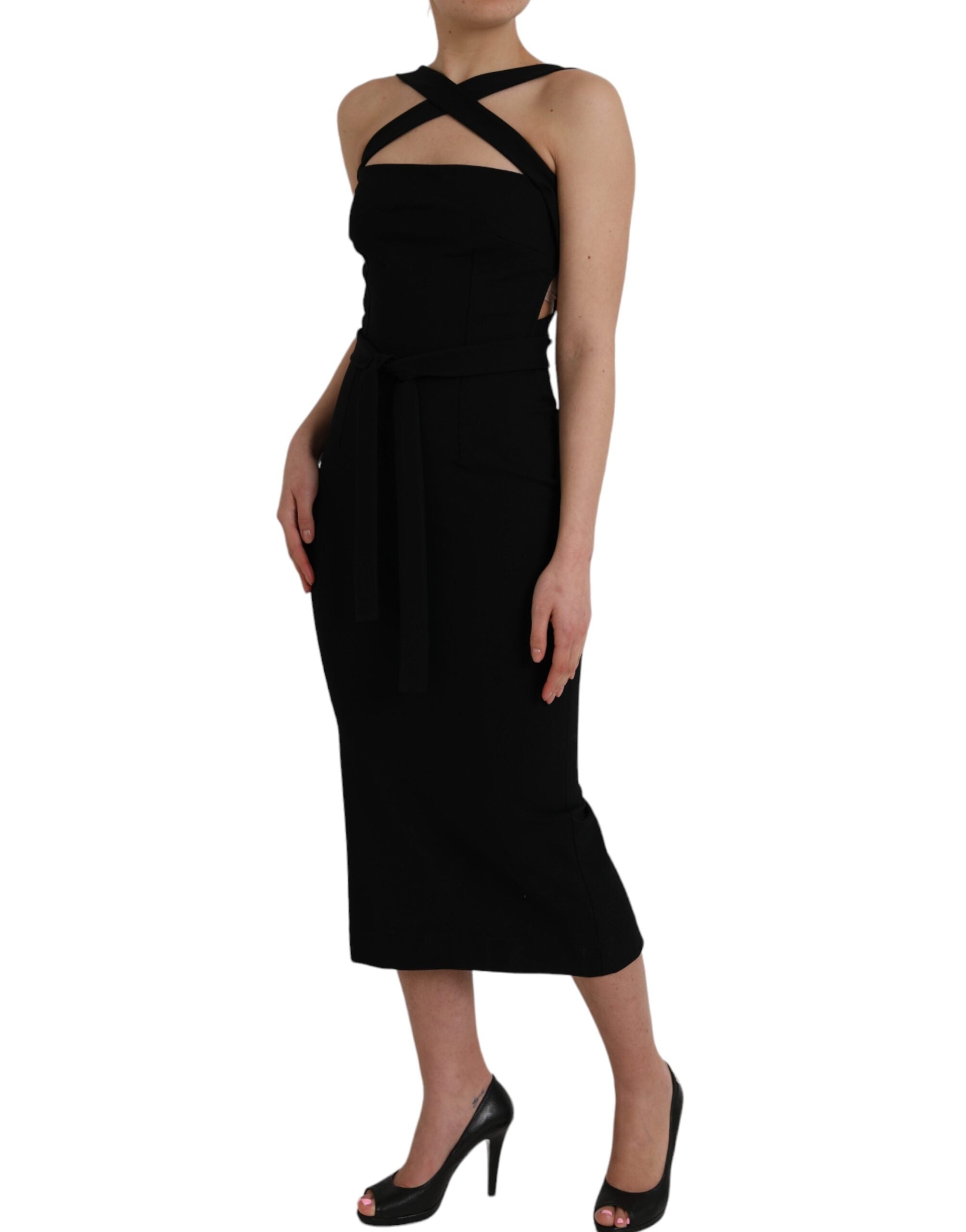 Black Sheath Halter Sleeveless Midi Dress - ventzia