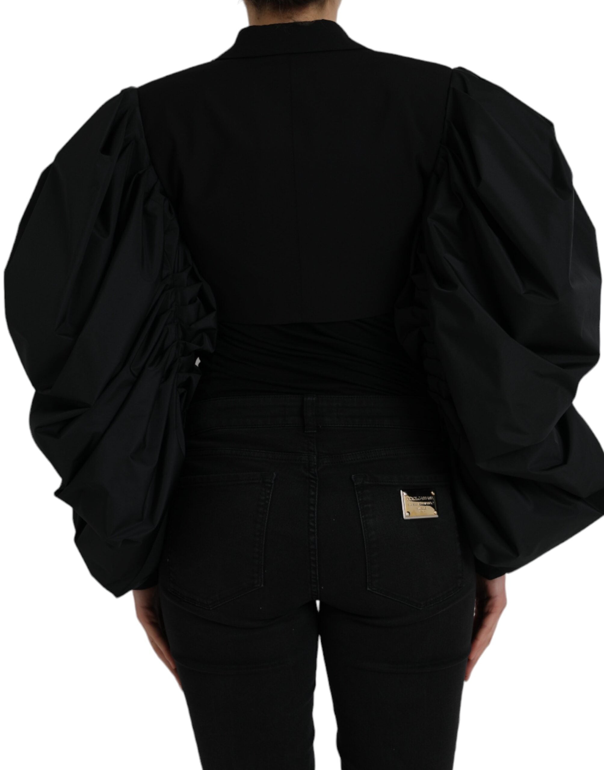 Black Polyester Puffed Sleeves Cropped Jacket - ventzia
