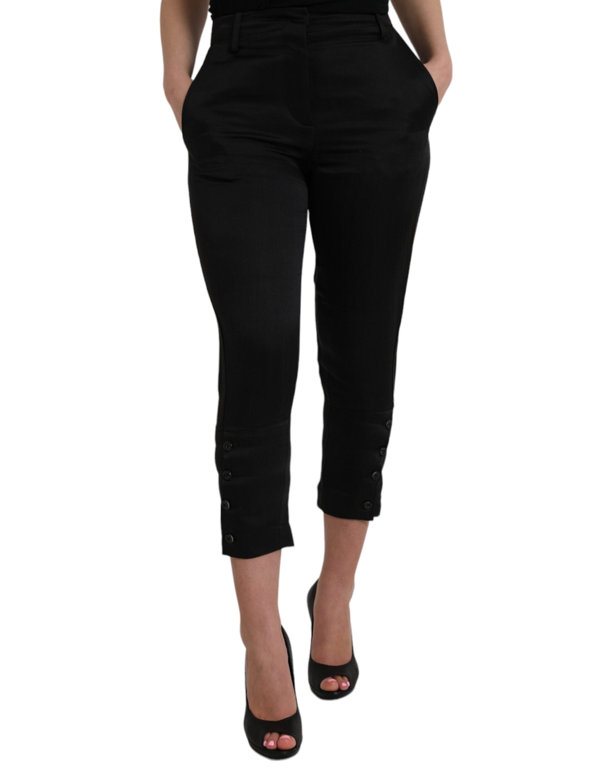 Black High Waist Capri Cropped Pants - ventzia