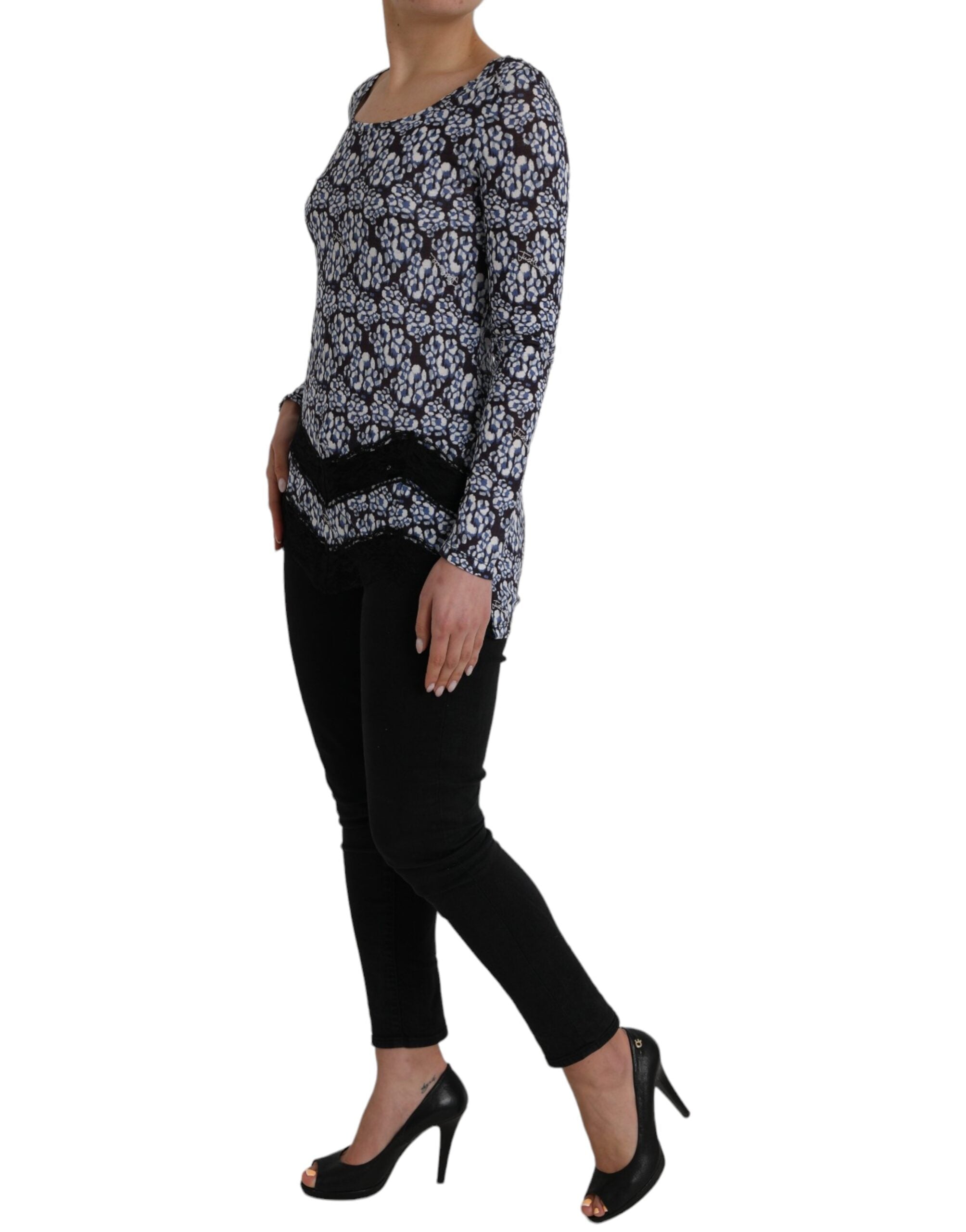 Blue Floral Lace Long Sleeves Top Underwear Blouse - ventzia
