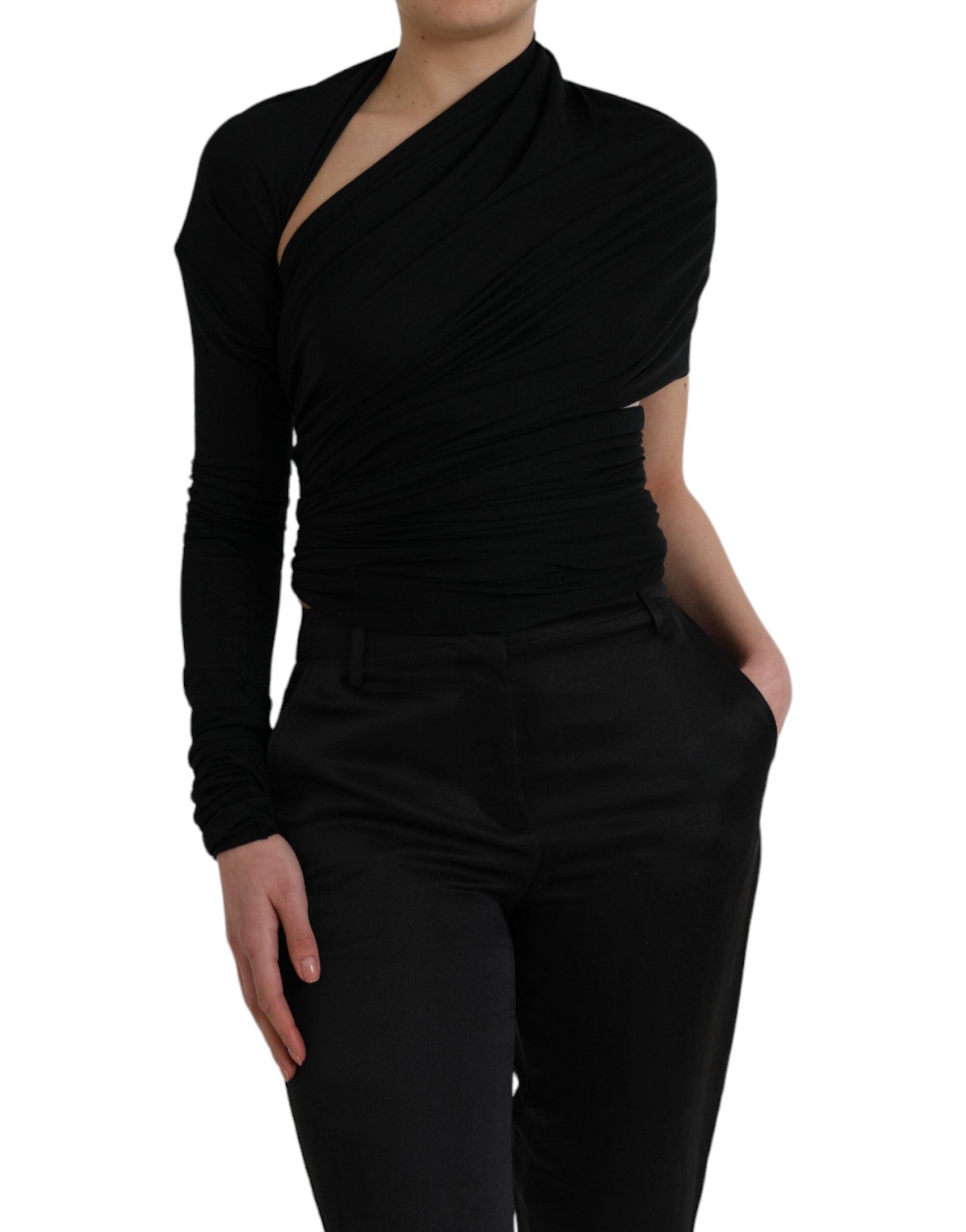 Black Wool Cutout Asymmetric Long Sleeve Top - ventzia