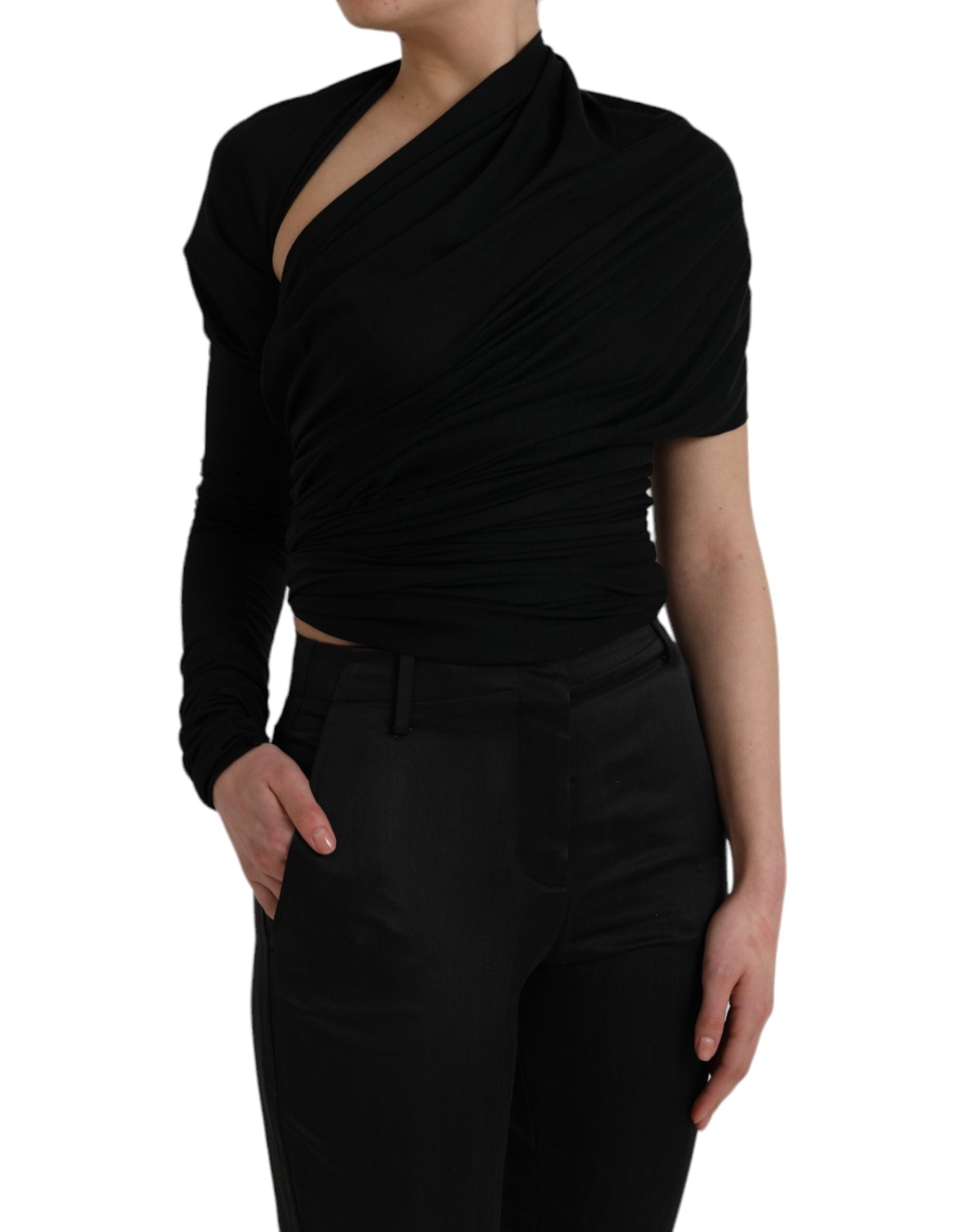 Black Wool Cutout Asymmetric Long Sleeve Top - ventzia