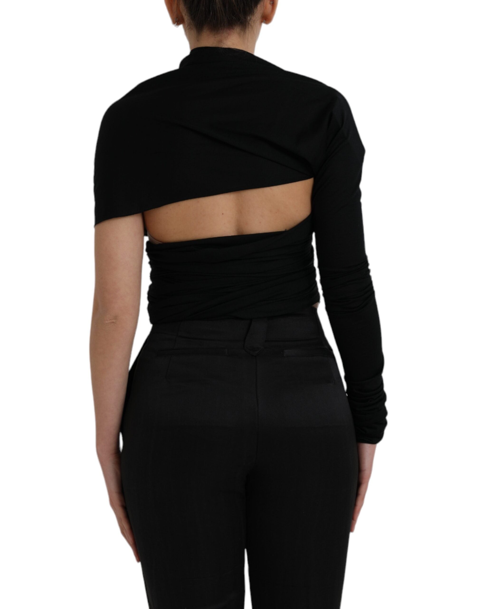 Black Wool Cutout Asymmetric Long Sleeve Top - ventzia