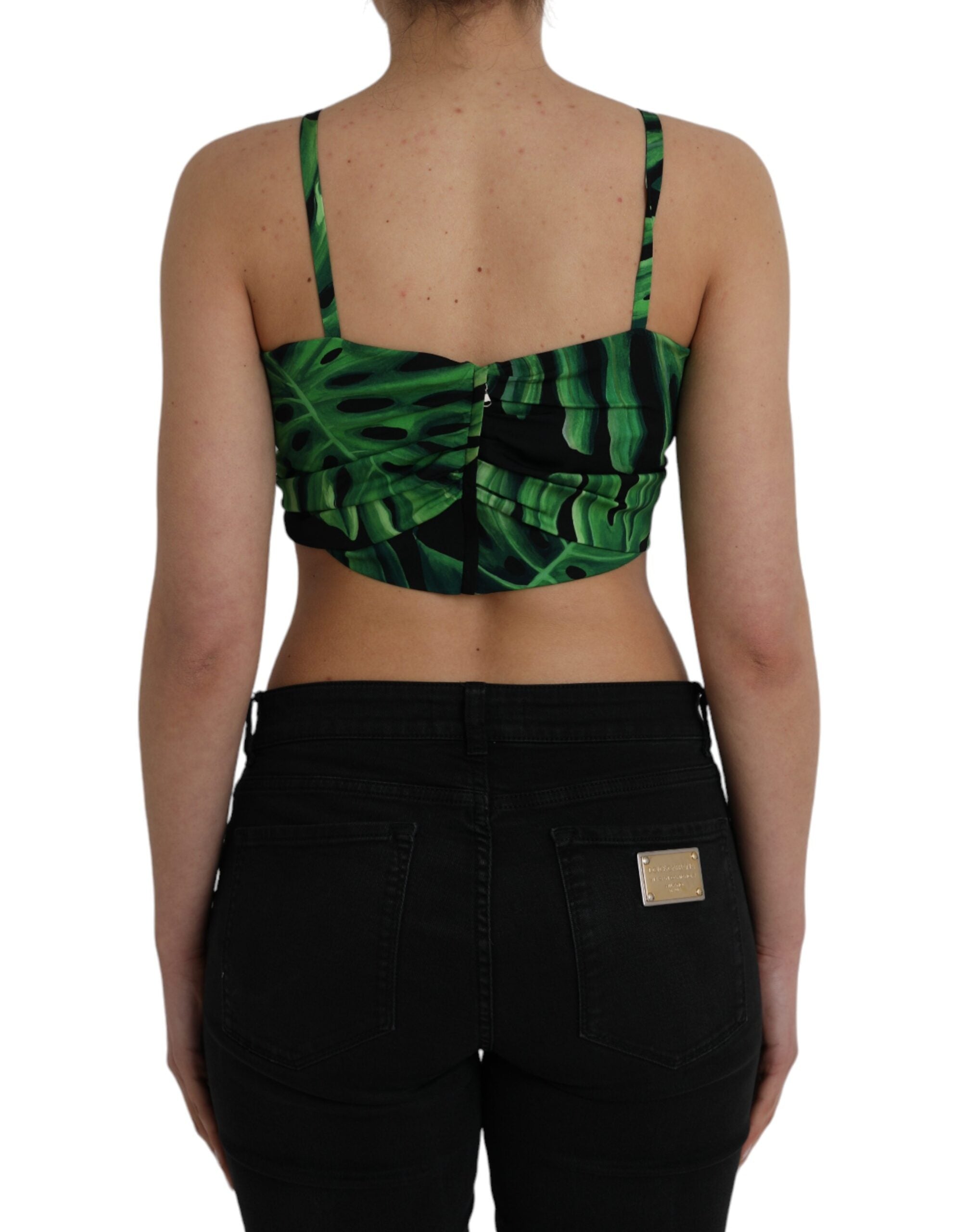 Black Green Leaf Silk Halter Cropped Top - ventzia