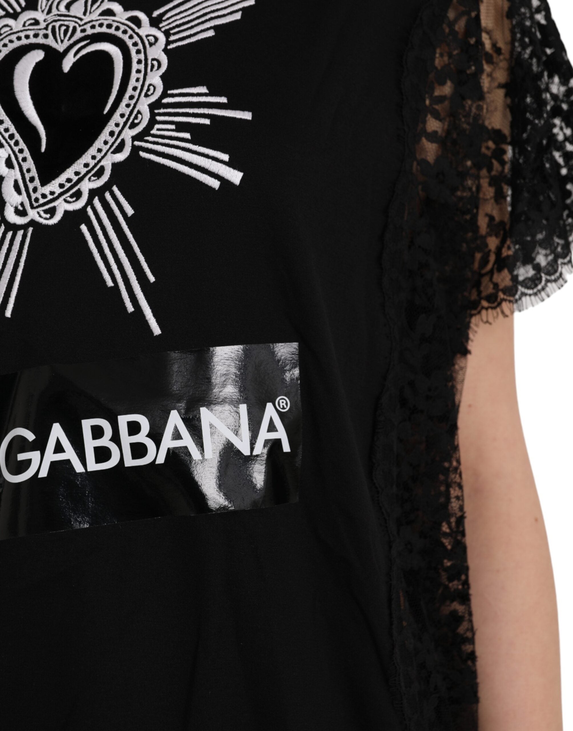 Black Sacred Heart Print Cotton Lace T-shirt - ventzia