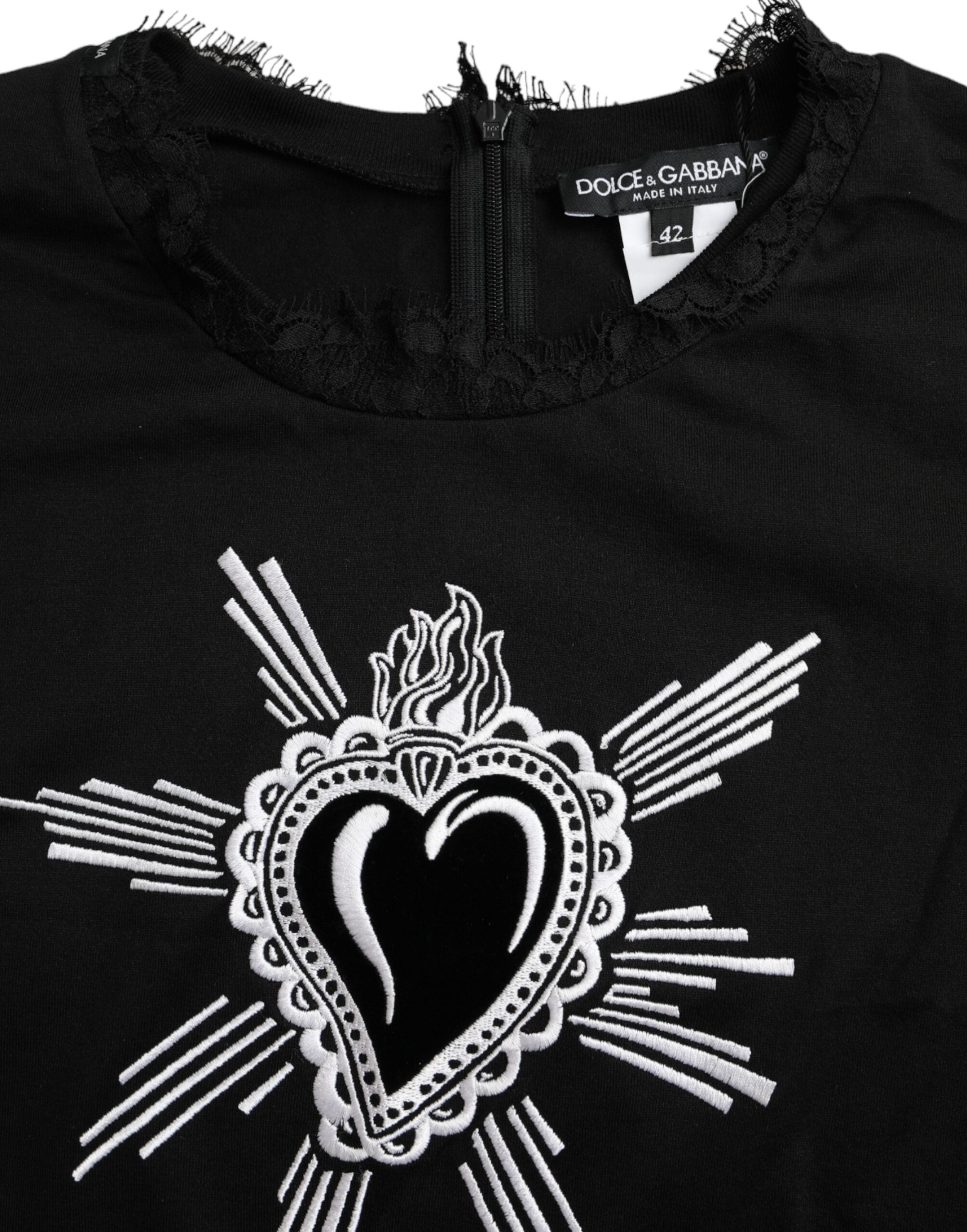 Black Sacred Heart Print Cotton Lace T-shirt - ventzia