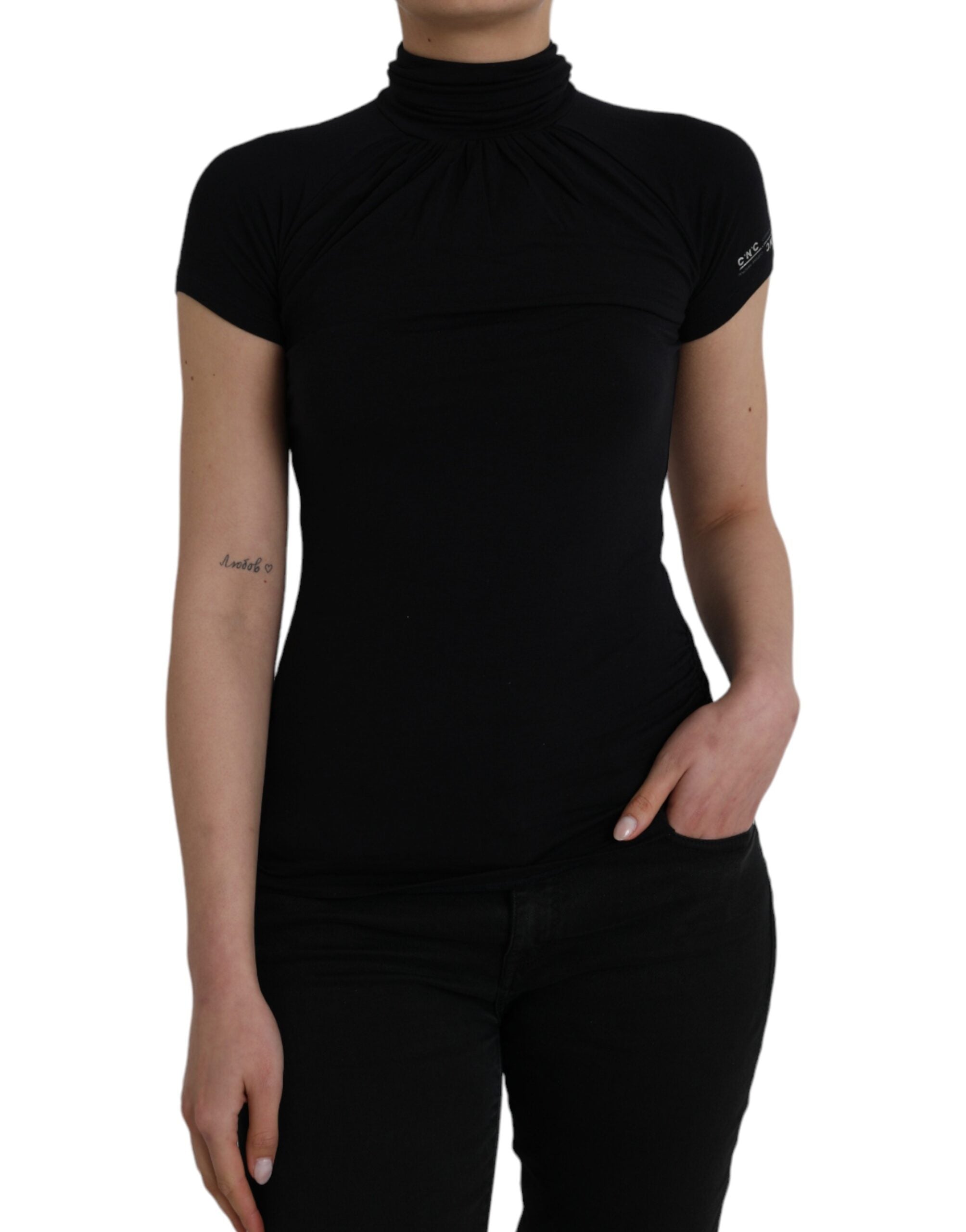 Black Turtleneck Viscose Short Sleeve Top - ventzia
