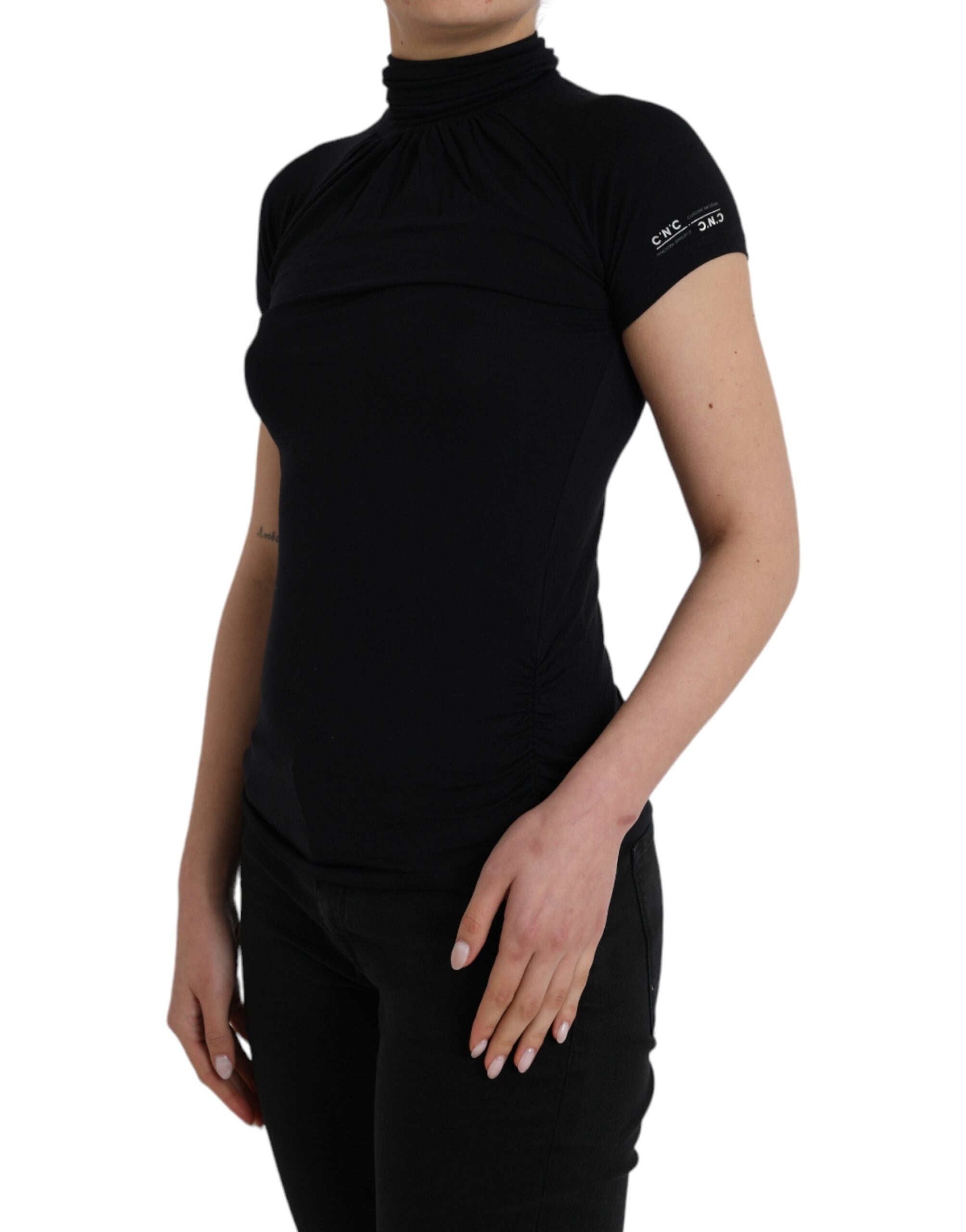 Black Turtleneck Viscose Short Sleeve Top - ventzia