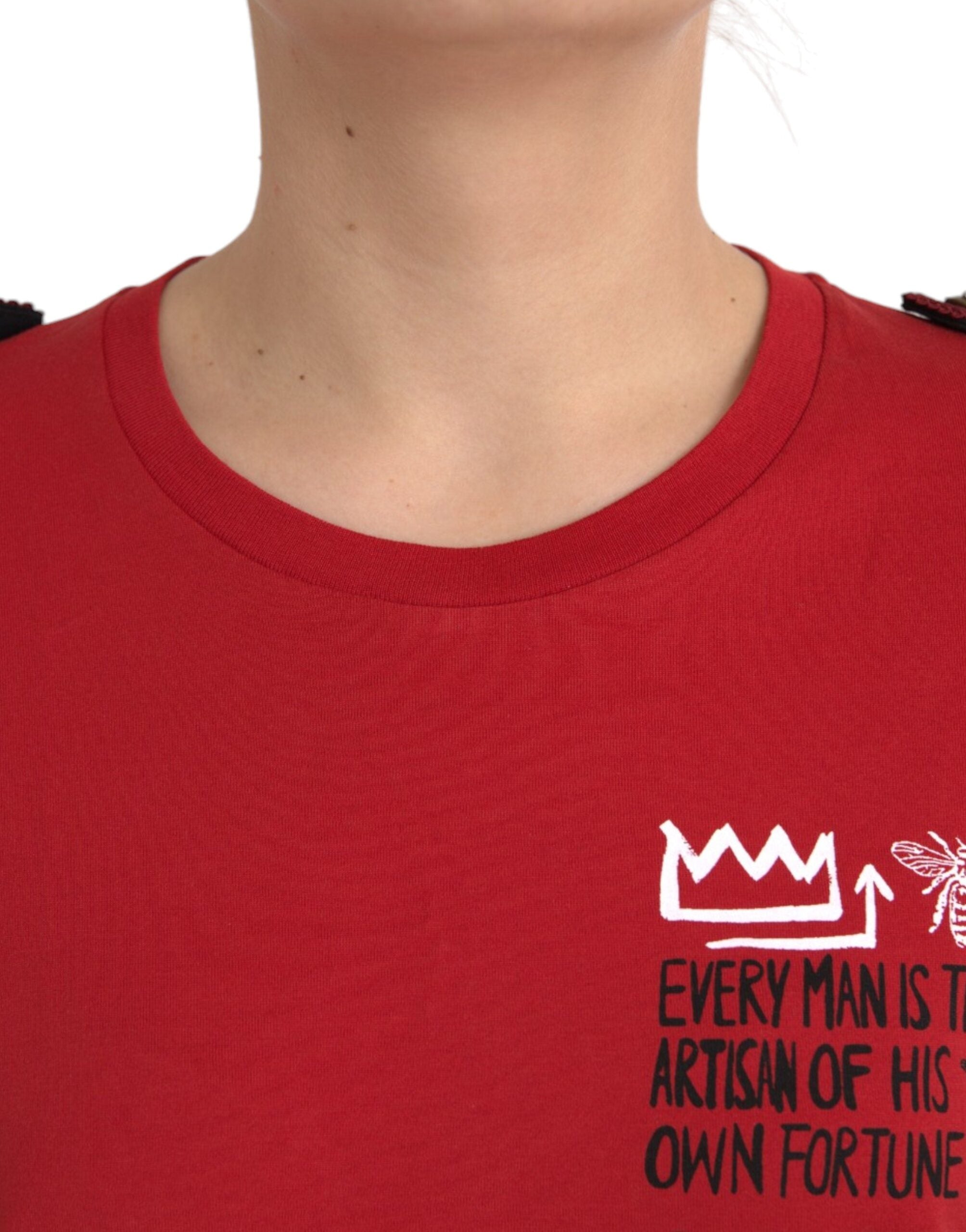 Red Cotton Graphic Print Crew Neck T-shirt - ventzia