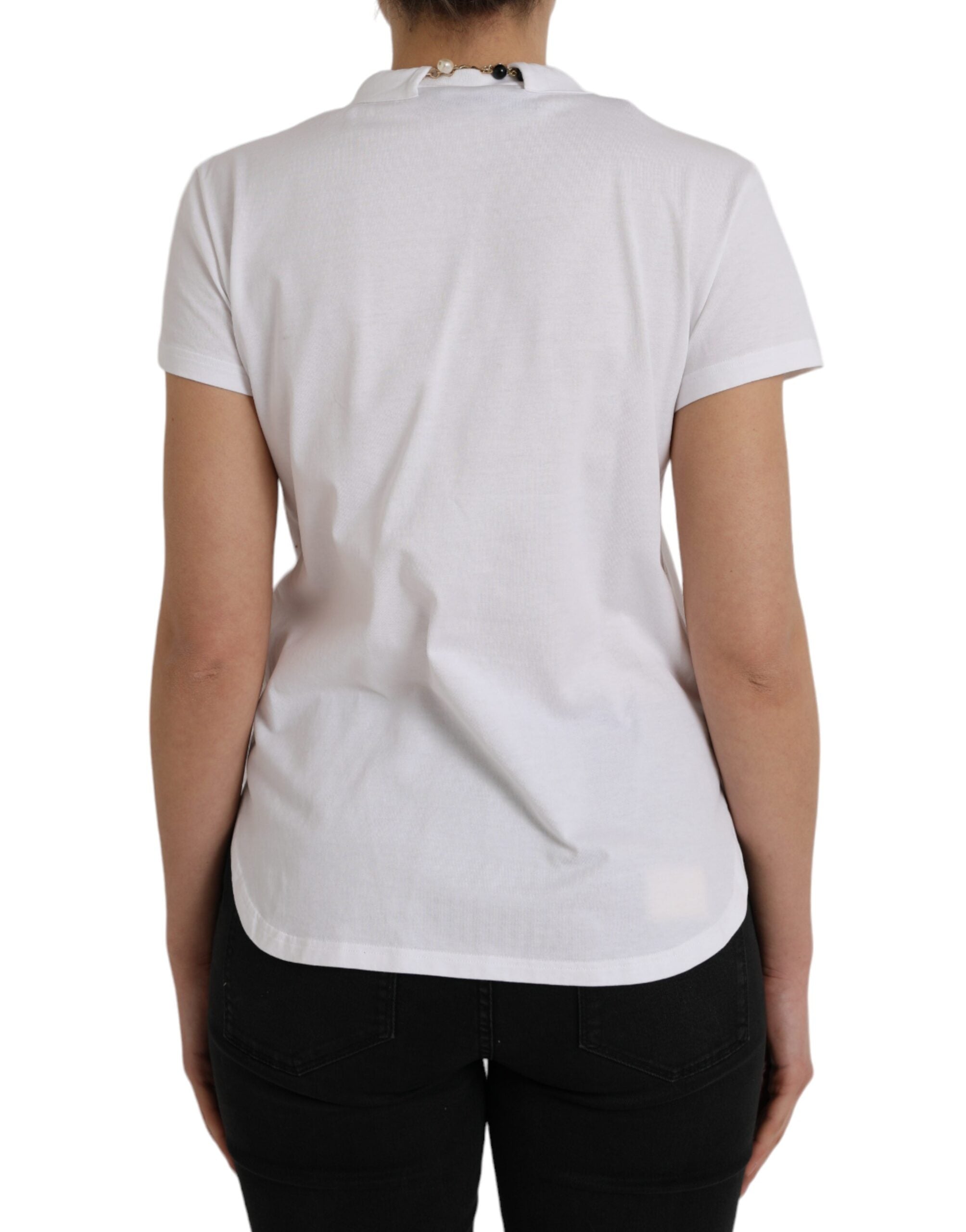 White Cotton Necklace Short Sleeves T-shirt - ventzia