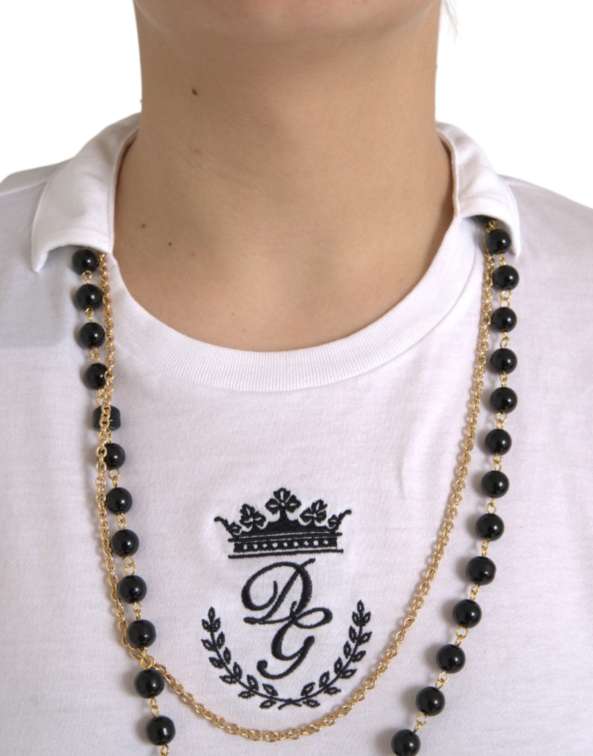 White Cotton Necklace Short Sleeves T-shirt - ventzia