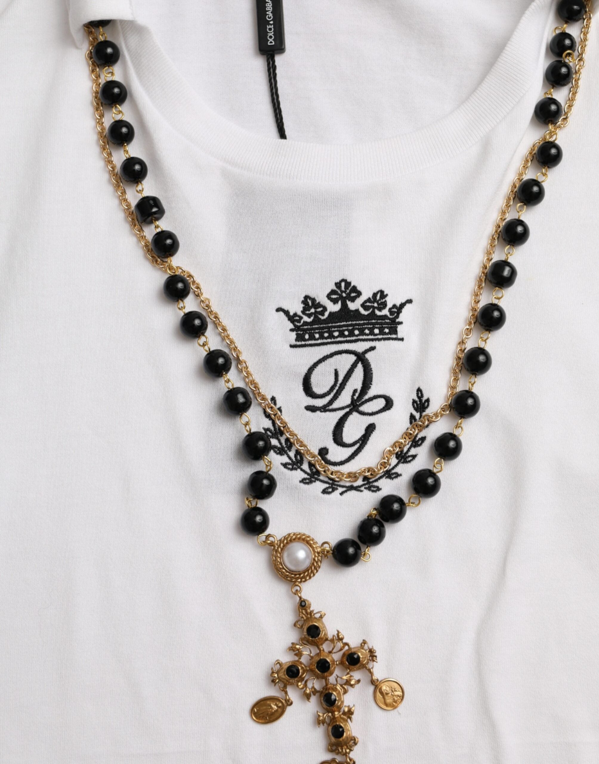 White Cotton Necklace Short Sleeves T-shirt - ventzia