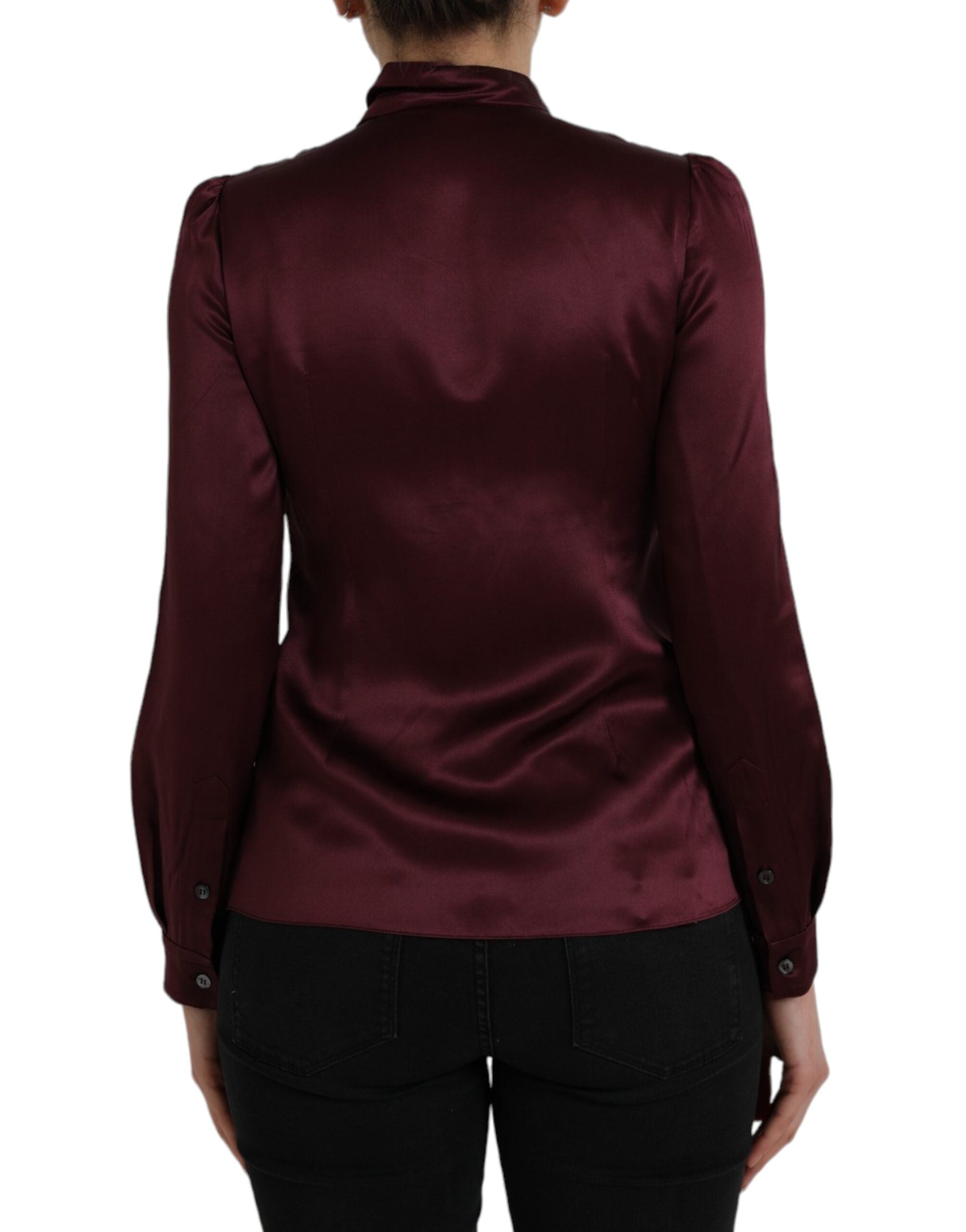 Maroon Ascot Collar Long Sleeve Top Blouse - ventzia