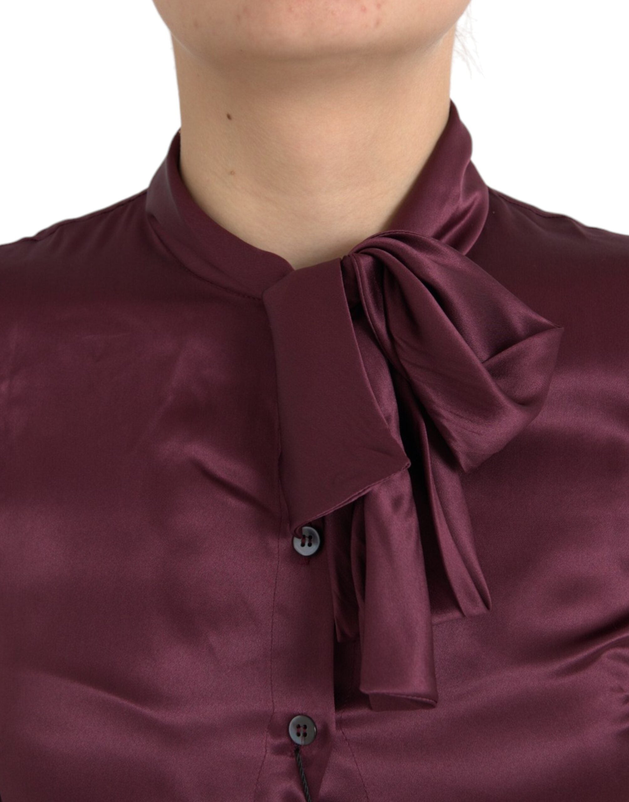 Maroon Ascot Collar Long Sleeve Top Blouse - ventzia
