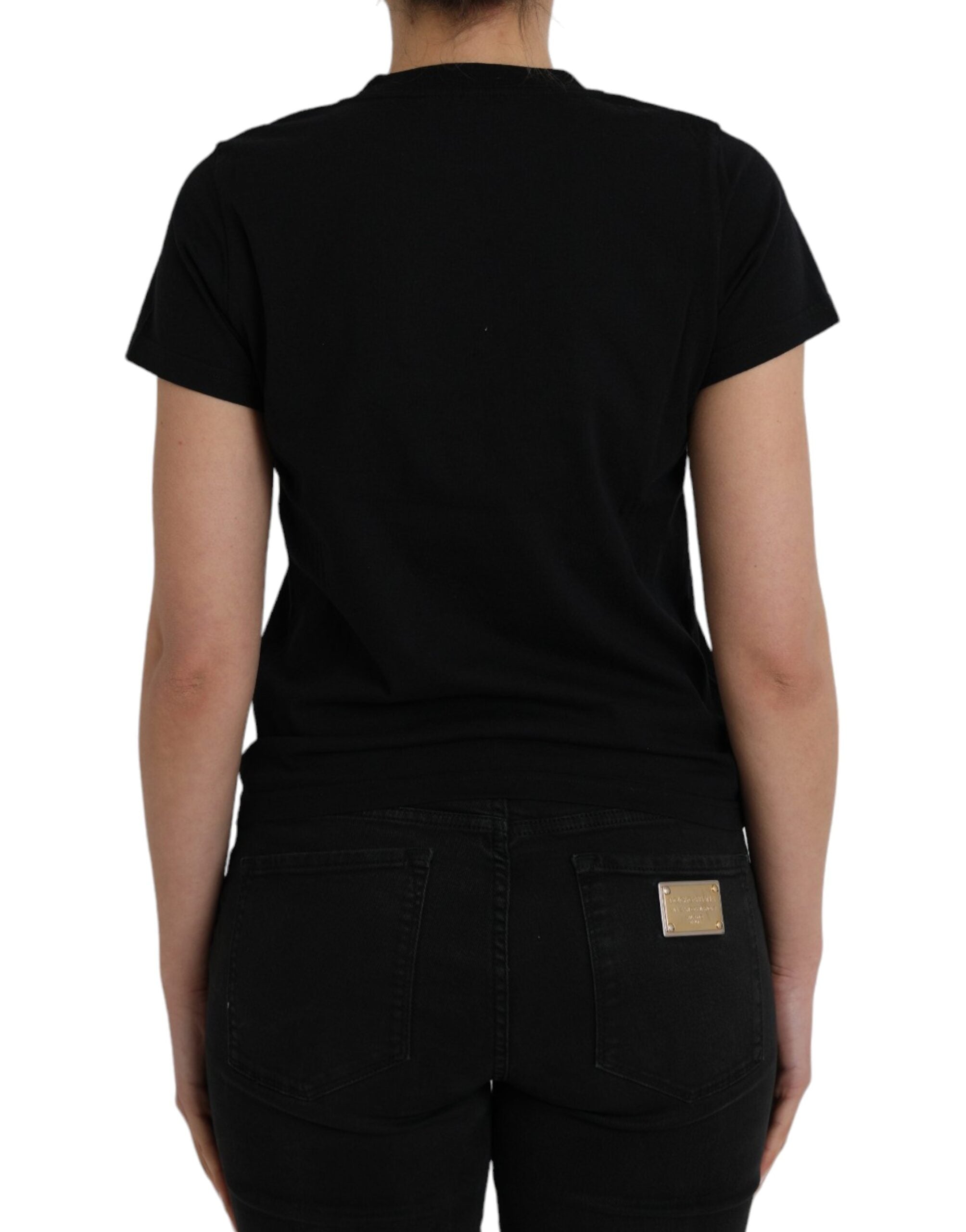 Black Cotton Logo Print Crew Neck Short Sleeves T-shirt - ventzia