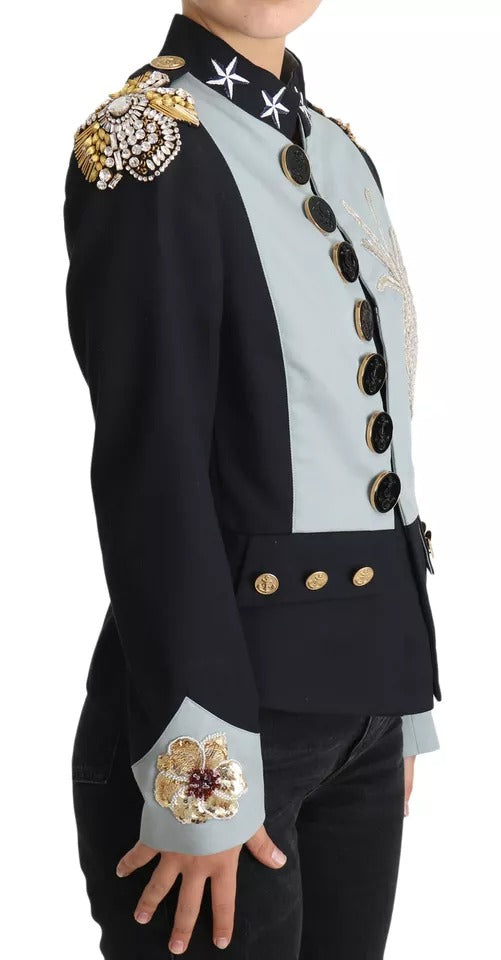 Blue Button Crystal Embellished Cotton Jacket - ventzia