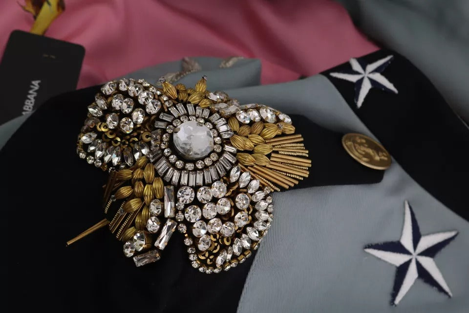 Blue Button Crystal Embellished Cotton Jacket - ventzia