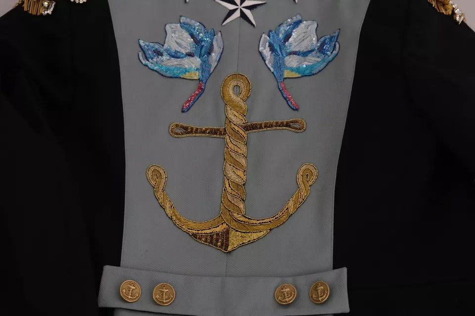 Blue Button Crystal Embellished Cotton Jacket - ventzia