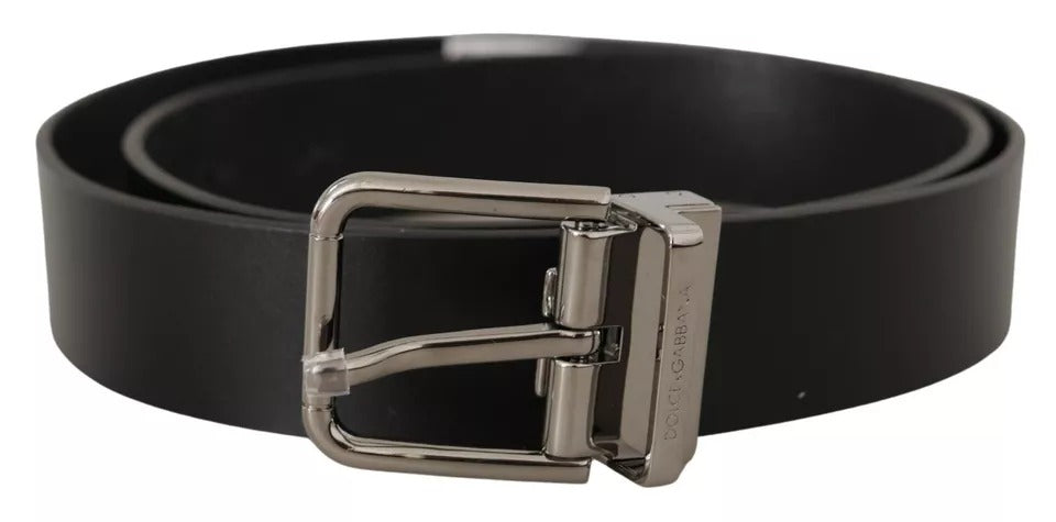Black Calf Leather Logo Engraved Metal Buckle Belt - ventzia