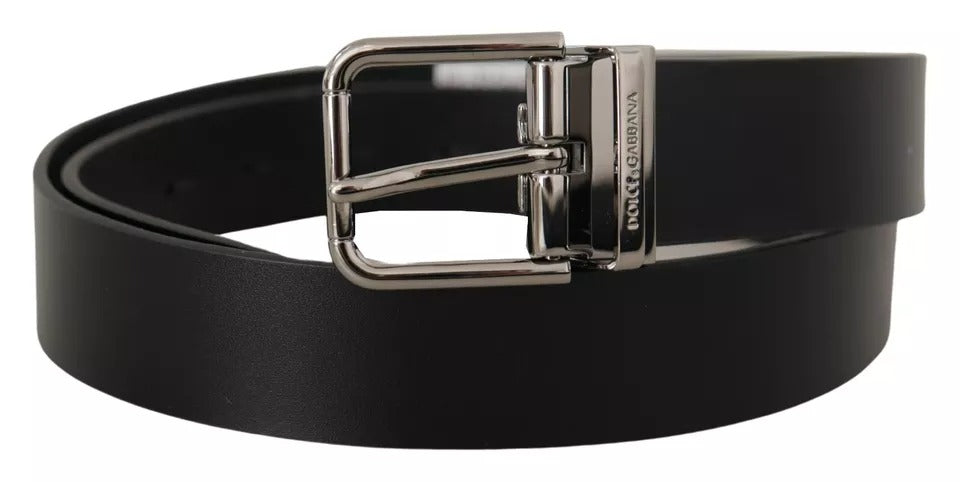 Black Calf Leather Logo Engraved Metal Buckle Belt - ventzia