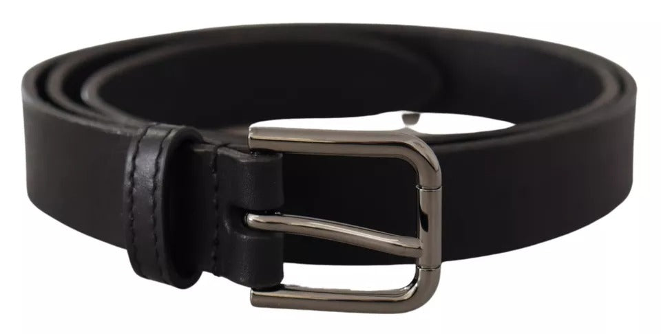 Black Calf Leather Classic Metal Logo Buckle Belt - ventzia
