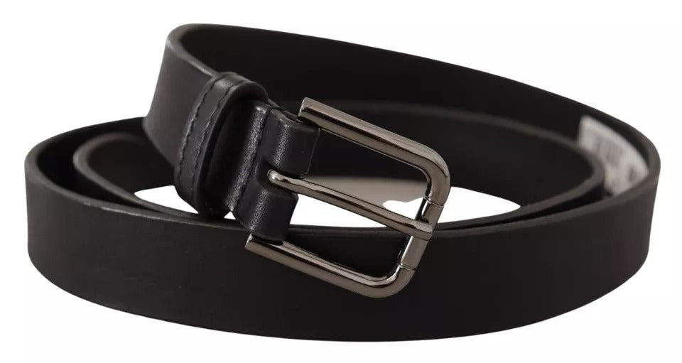 Black Calf Leather Classic Metal Logo Buckle Belt - ventzia