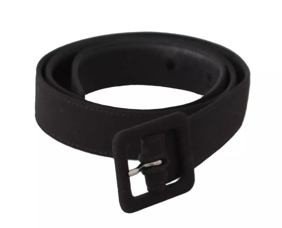 Black Velvet Leather Logo Waist Buckle Belt - ventzia