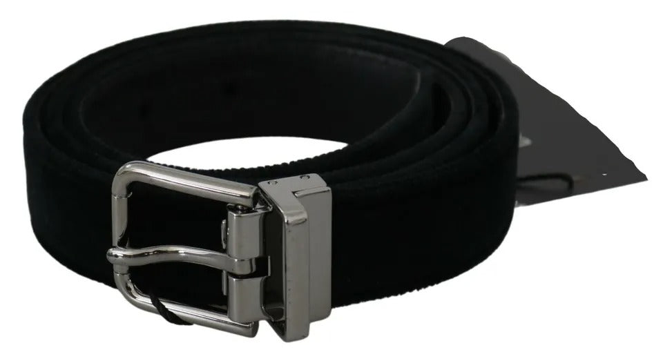Black Velvet Leather Silver Buckle Belt - ventzia