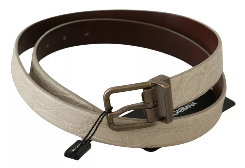 Cream Beige Gold Buckle Waist Leather Belt - ventzia